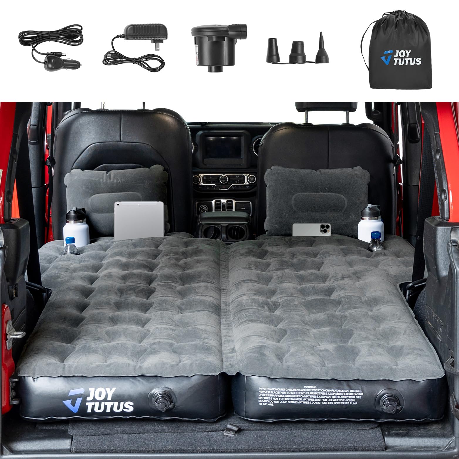 JOYTUTUS SUV Air Mattress for Camping - Inflatable Car Mattress with Built-in Air Pump, Fits 2018-2025 Jeep Wrangler JL 4-Door & Ford Bronco (Excludes 4XE) - Includes 2 Pillows, Dark Grey - Perfect for Road Trips, Outdoor Adventures & Car Camping