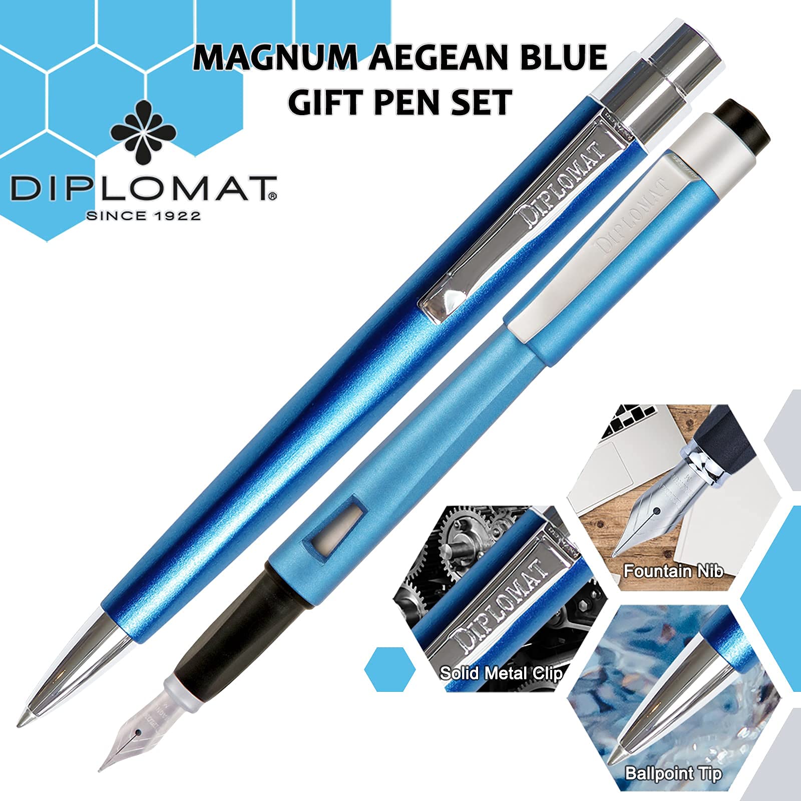 Diplomat Magnum Aegean Blue Fountain Pen Set - Premium Writing Instrument for Office, School & Gifting