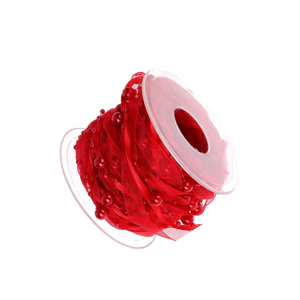 Elegant Red Chiffon Ribbon with Pearl Beads for Wedding Bouquets, Floral Decor, and Craft Garlands – Perfect for Bridal Party, DIY Crafts, and Home Decorations