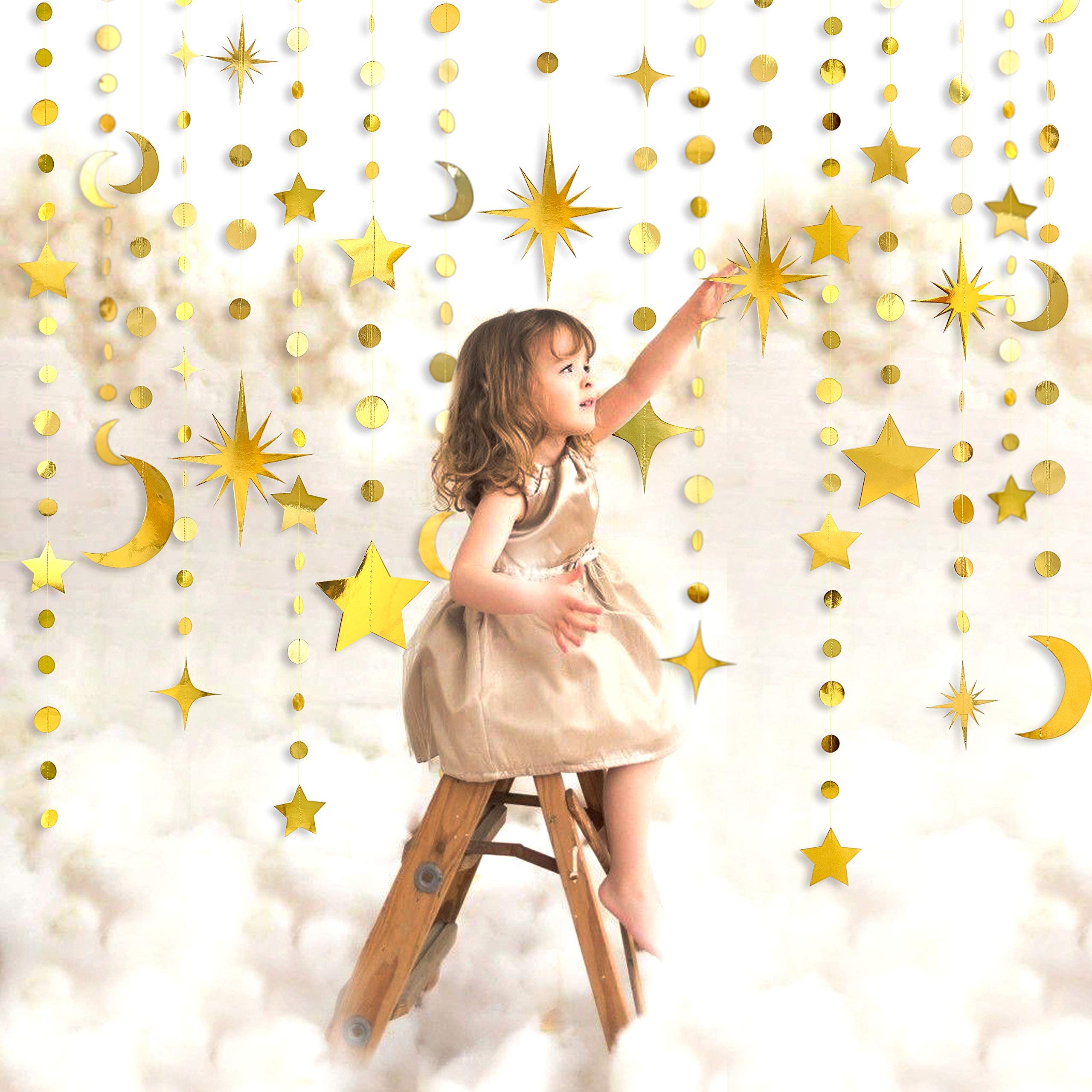 Gold Star Moon Circle Dot Garland Party Decorations Kit - Hanging Crescent & Twinkle Star Streamer Bunting Banner for Kids Room, Birthday, Ramadan, EID, Baby Shower, Wedding, Engagement - Perfect for Nursery Decor, Islamic Celebrations & Festive Events