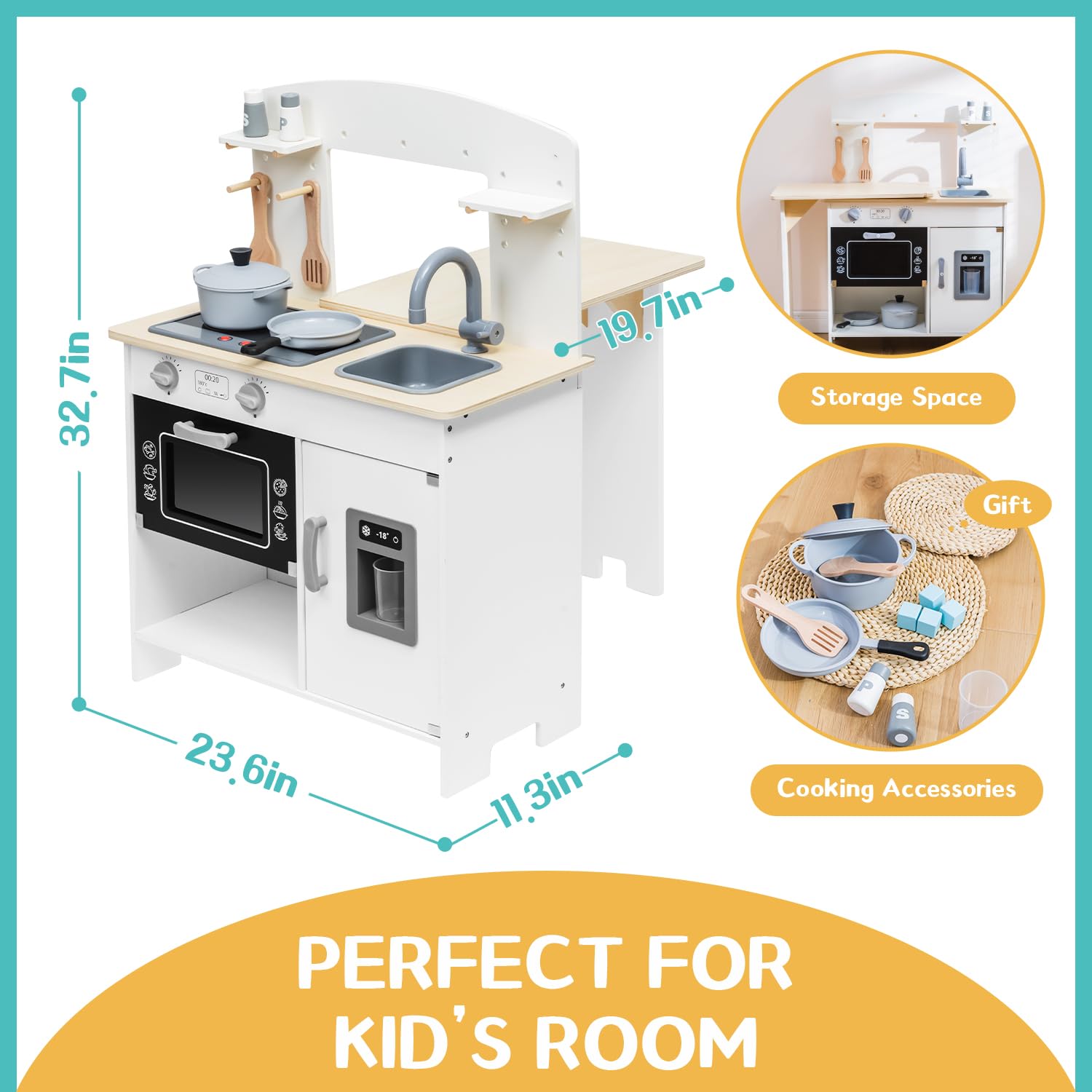 **Deli Kids Wooden Play Kitchen Set for Toddlers - Realistic Lights & Sounds, Stove, Oven, Ice Maker, Sink & Faucet - Pretend Cooking Toy for Imaginative Play & Role-Playing Fun**