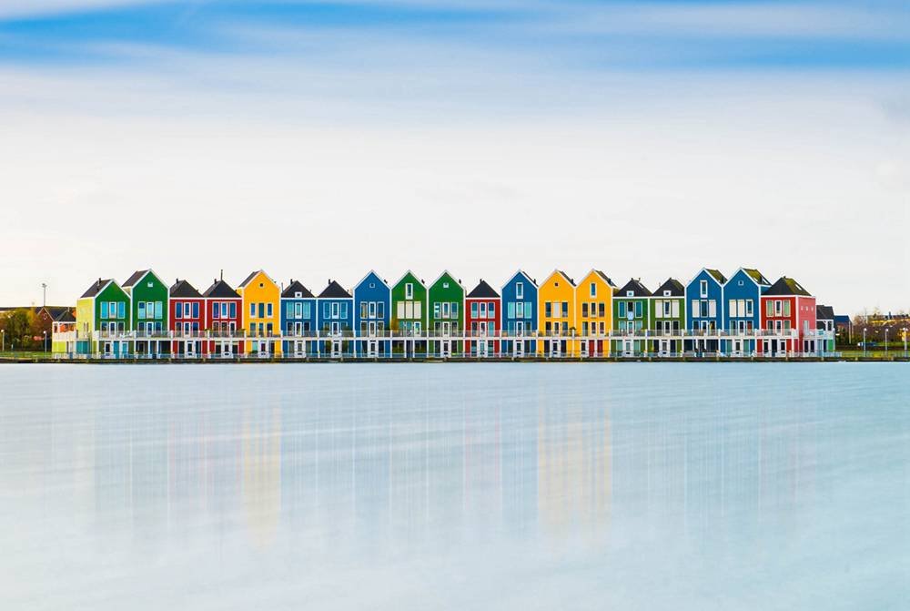 Colorful Houses River Reflection - Natural Scenery Art Print Canvas Poster 16x24 Inch - Wall Decor for Living Room, Bedroom & Office