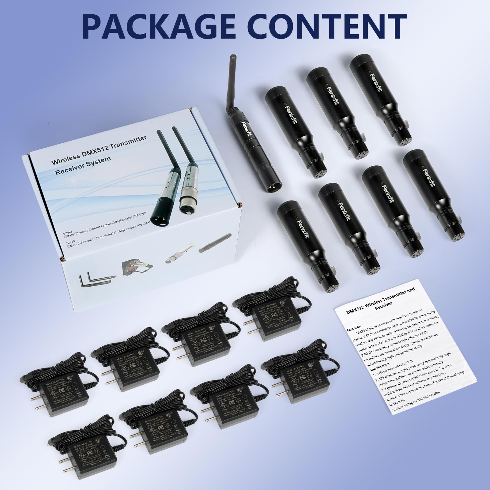Wireless DMX512 Transmitter and Receiver Set - Rechargeable 1 Transmitter & 7 Receivers with Built-in Battery, Long Range DMX Lighting Controller for LED Stage Lights, Disco, DJ Shows, and Theater Performances