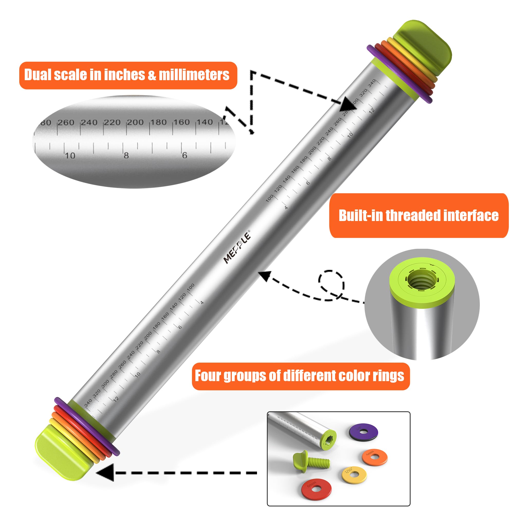 Premium Stainless Steel Rolling Pin with 4 Thickness Rings - Perfect for Fondant, Pizza Dough, Cookies, Pastry & Pie Crust - 13.6