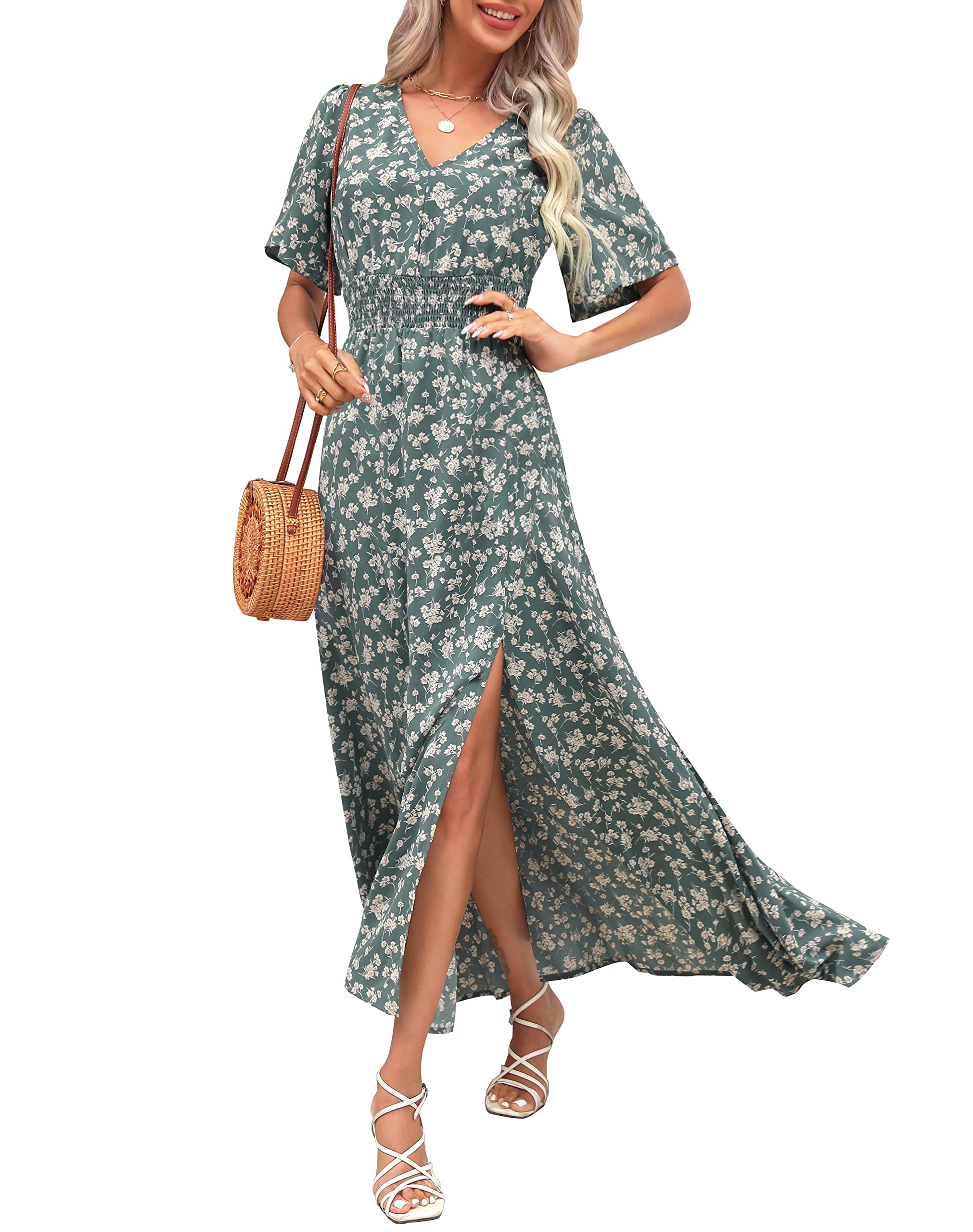 Kranda Women's Floral Boho Maxi Dress - V Neck, High Waist, Short Sleeve, Flowy Swing with Slit for Summer & Spring | Beach Vacation, Casual Outing, Date Night, Festival Wear