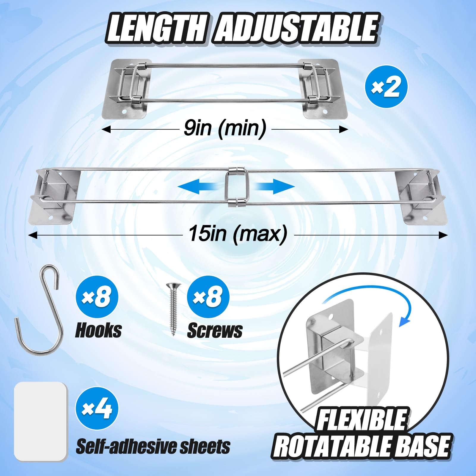 9-15 Inch Adjustable RV Shower Corner Storage Bar with 8 Hooks - Stainless Steel Rustproof Bathroom Organizer for Camper, Travel Trailer - Perfect for Storing Toiletries, Towels & Shower Accessories (2-Pack)