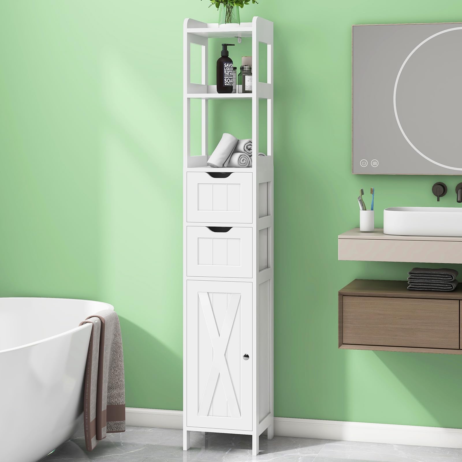 Freestanding Narrow Tall Bathroom Cabinet with Door & Adjustable Shelf - Multifunctional Floor Storage with 2 Drawers, White - Perfect for Small Bathrooms, Bedrooms & Laundry Rooms