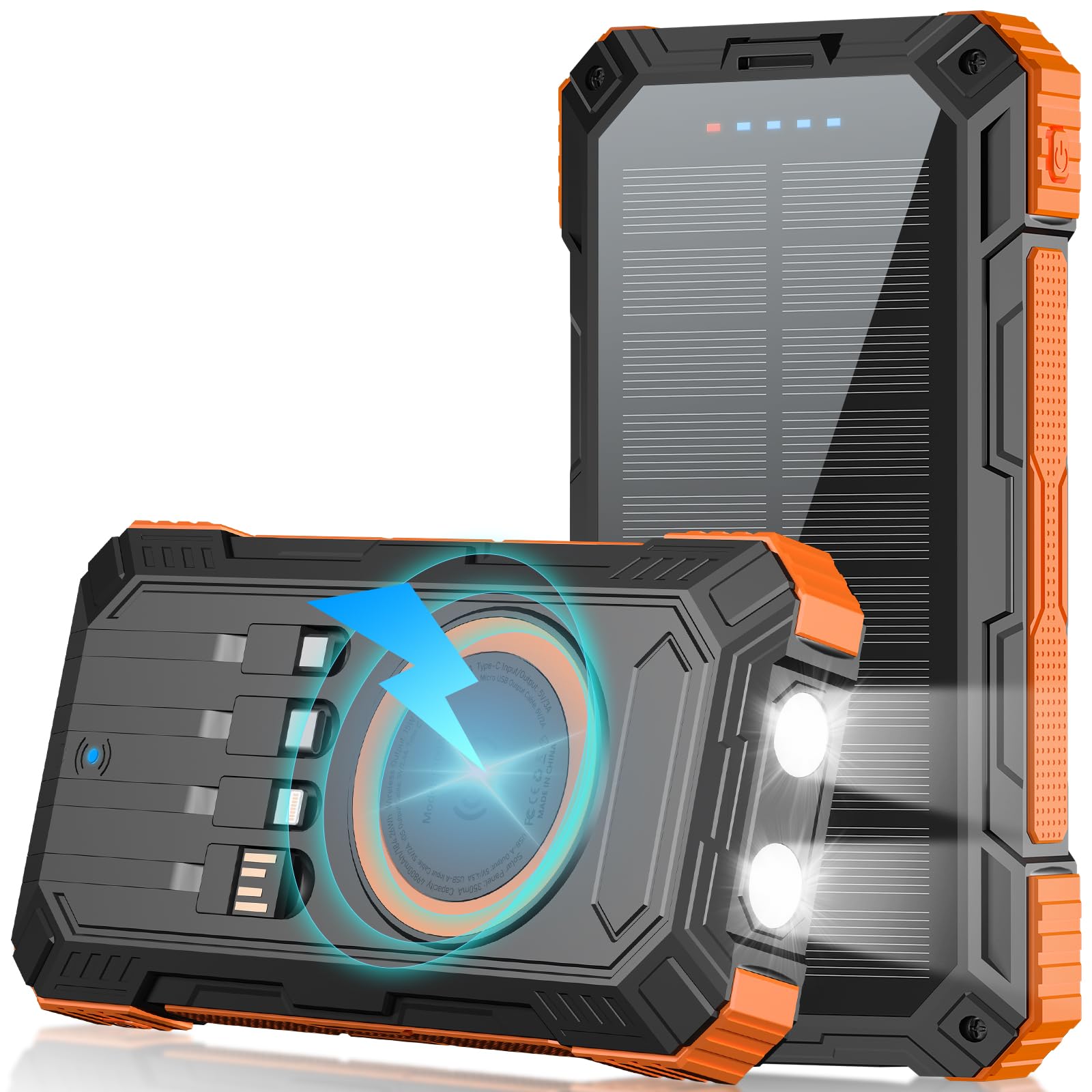 49800mAh Solar Charger Power Bank with Wireless Charging | 22.5W QC3.0 Fast Charger | Built-in 4 Cables & 6 Outputs | USB-C Compatible | Portable Phone Charger for iPhone, Samsung, Android | Perfect for Camping, Hiking & Outdoor Adventures