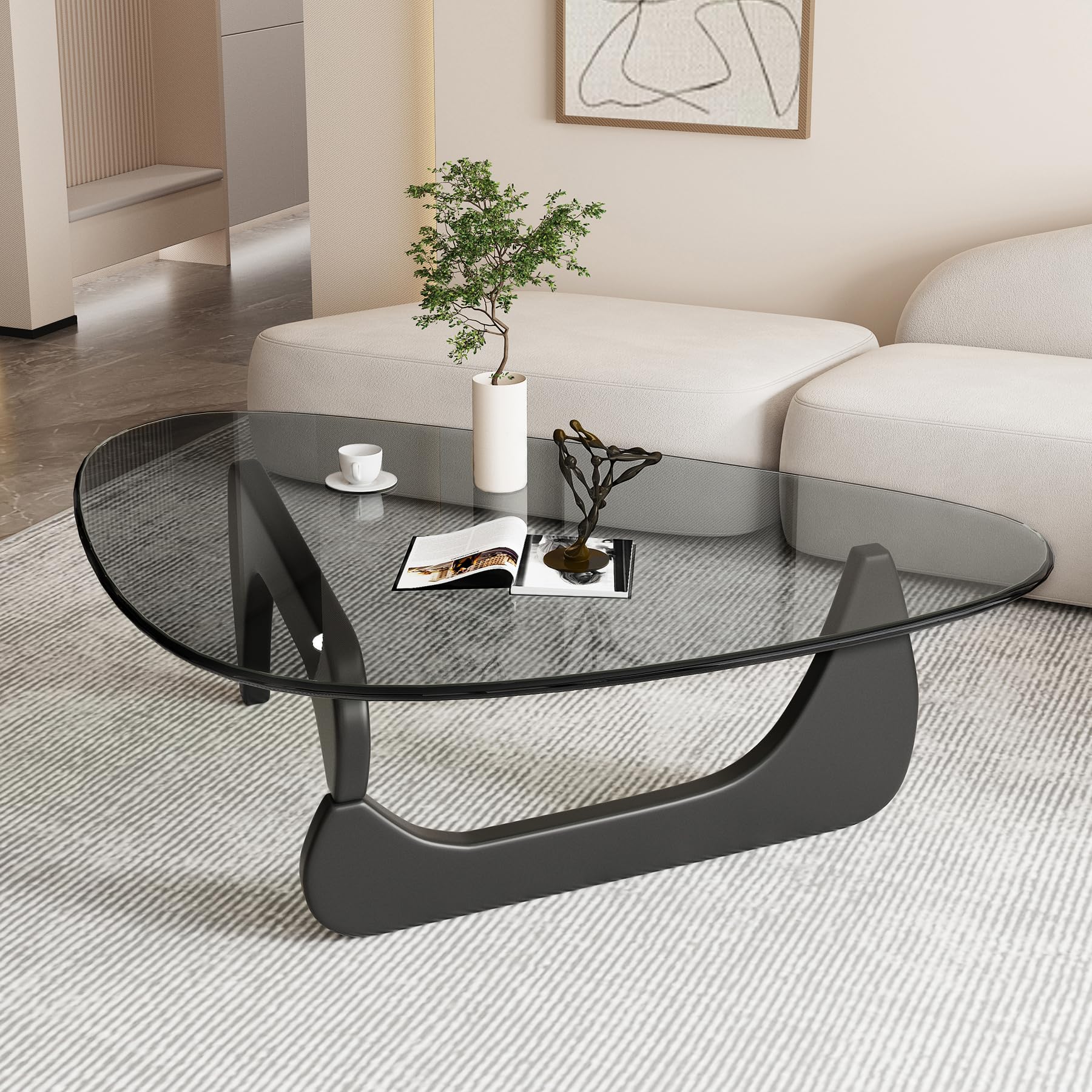 Modern Glass Coffee Table with Solid Wood Legs - 45