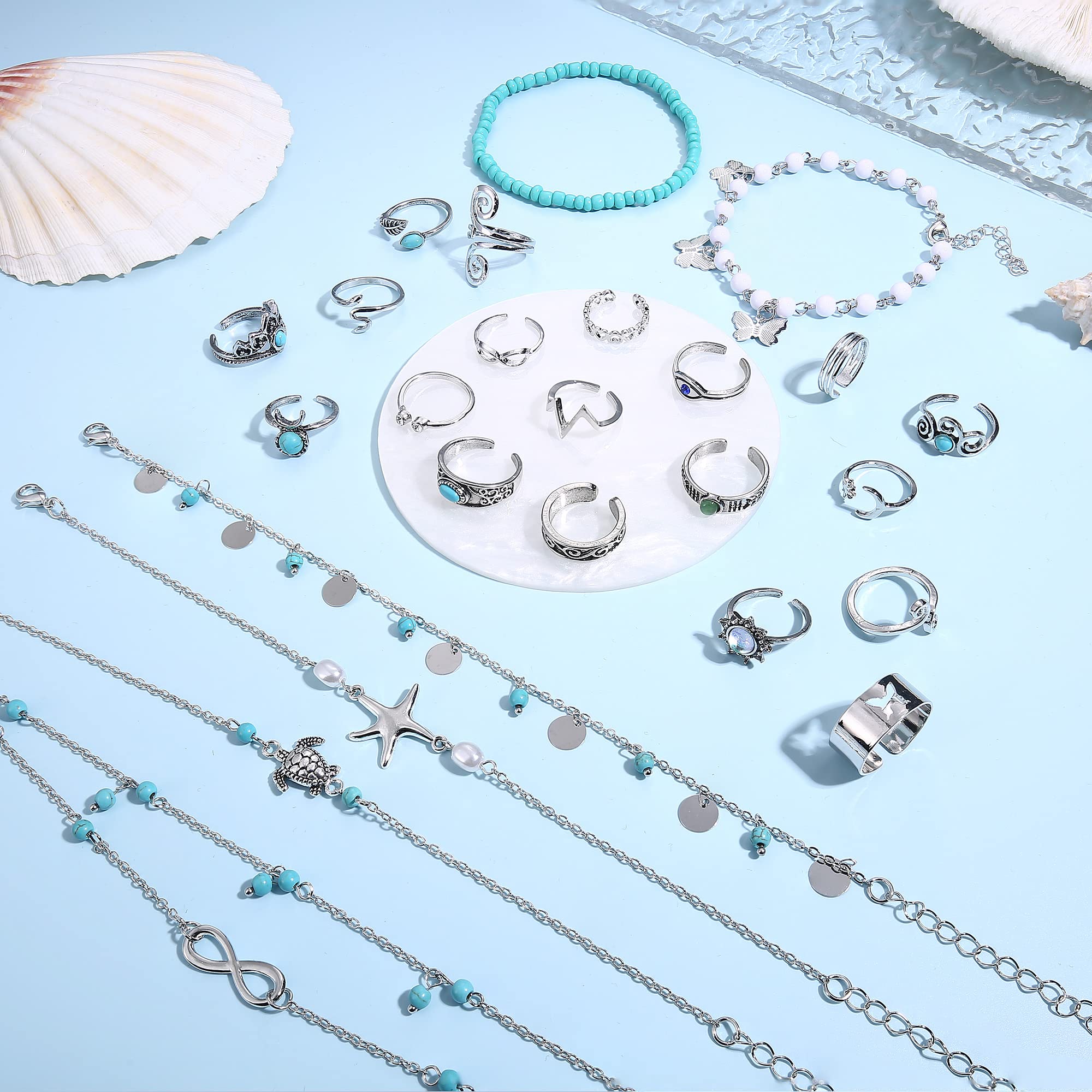 JOERICA 25 Pcs Adjustable Turquoise Toe Rings & Ankle Bracelets for Women - Gold & Silver Boho Anklets - Open Toe Rings for Beach, Summer & Festival Wear