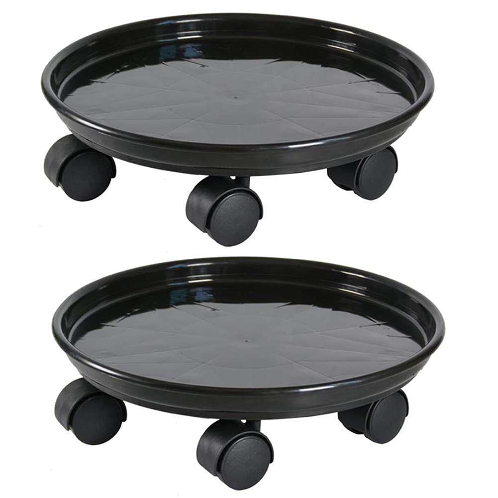 2 Pack 11.8 Inch Rolling Plant Caddies with 4 Wheels - Round Flower Pot Mover for Indoor/Outdoor Use - Black Planter Dolly Trolley for Easy Plant Transportation - Perfect for Moving Heavy Pots on Patio, Deck or Garden (2 Pack, Black)