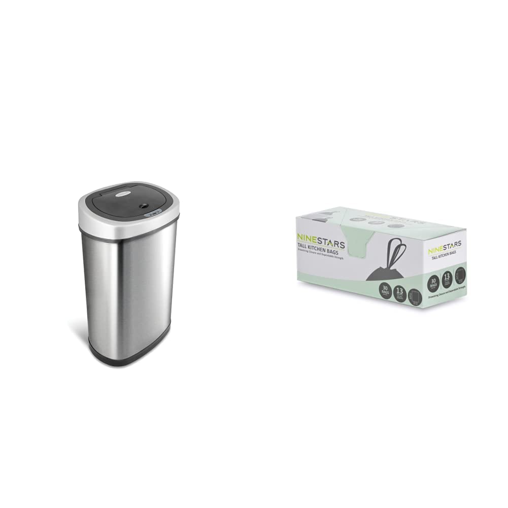 Ninestars Automatic Touchless Infrared Motion Sensor Trash Can - 13 Gallon Stainless Steel with Silver/Black Lid | Includes Heavy-Duty White Trash Bags | Hands-Free Kitchen & Office Waste Bin for Hygienic Disposal