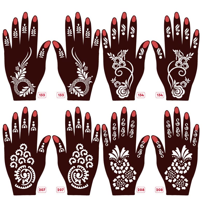 **Apcute Henna Stencil Set of 8 Pieces - Easy-to-Use Mehendi Design Stickers for Hands - Perfect for Girls, Kids & Women - Beautiful New Mehandi Patterns (133, 134, 207, 208) - Ideal for Weddings, Parties & Festivals**