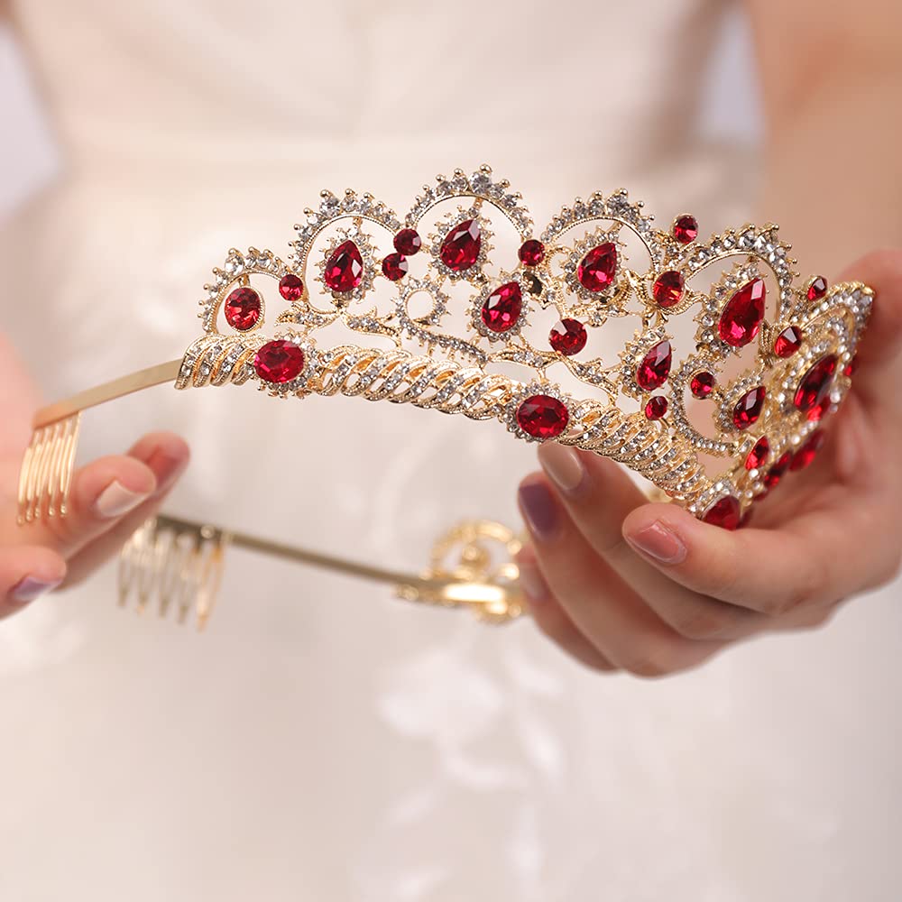 Sparkling Rhinestone Wedding Tiara with Red Gemstones - Elegant Queen Crown Headpiece with Comb for Brides, Pageants & Birthday Parties | Perfect for Women's Special Occasions & Princess-Themed Events