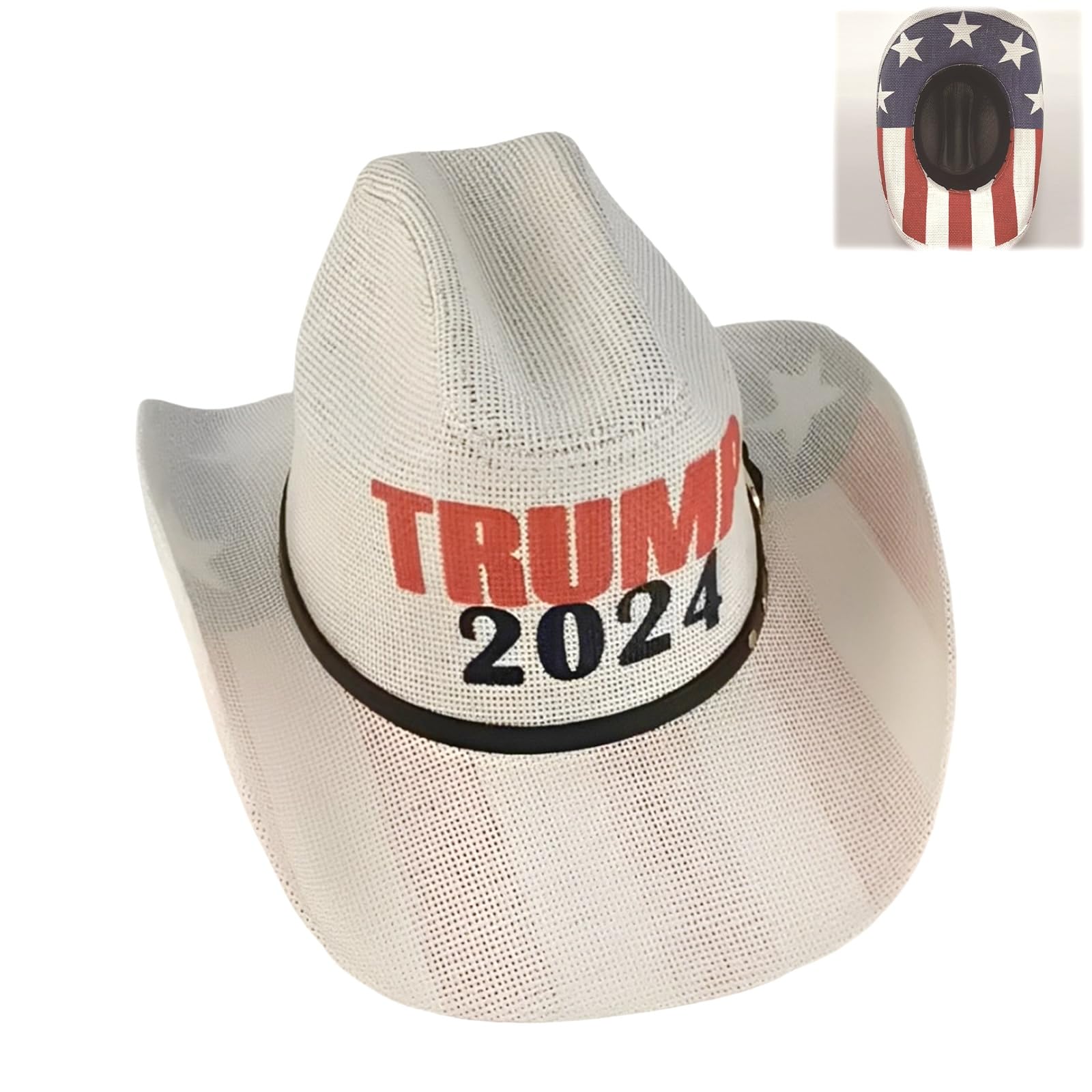 Trump 2024 American Flag Cowboy Hat for Men & Women - Wide Brim Straw Western Hat with Belt Buckle - Sun Protection Outdoor Hat for Rodeo, Ranchers, Country Music Festivals & Patriotic Events