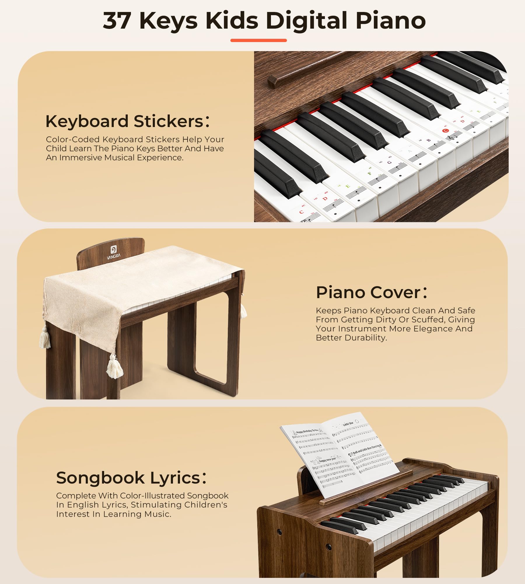 Vangoa 37-Key Kids Digital Piano Keyboard - Portable Electronic Piano for Children, Music Learning Toy with Wooden Design - Perfect for Home, School & Gift (Dark Brown)