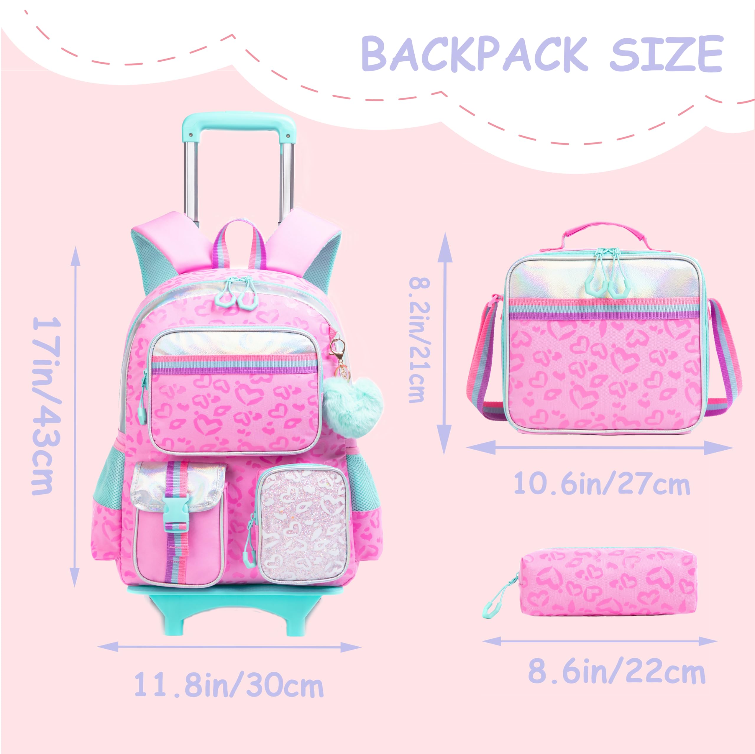 Rolling Backpacks for Kids with Wheels - School Backpack for Girls with Lunch Bag & Pencil Case - Toddler Daycare & Elementary Bookbag - Perfect for School, Travel, and Daily Use