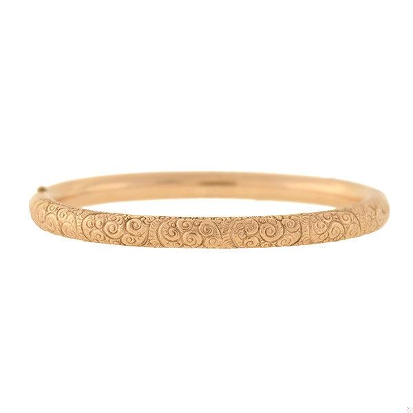 10kt Gold Victorian Repousse Hinged Bangle Bracelet - Elegant Antique Jewelry for Women, Perfect for Weddings, Parties & Special Occasions