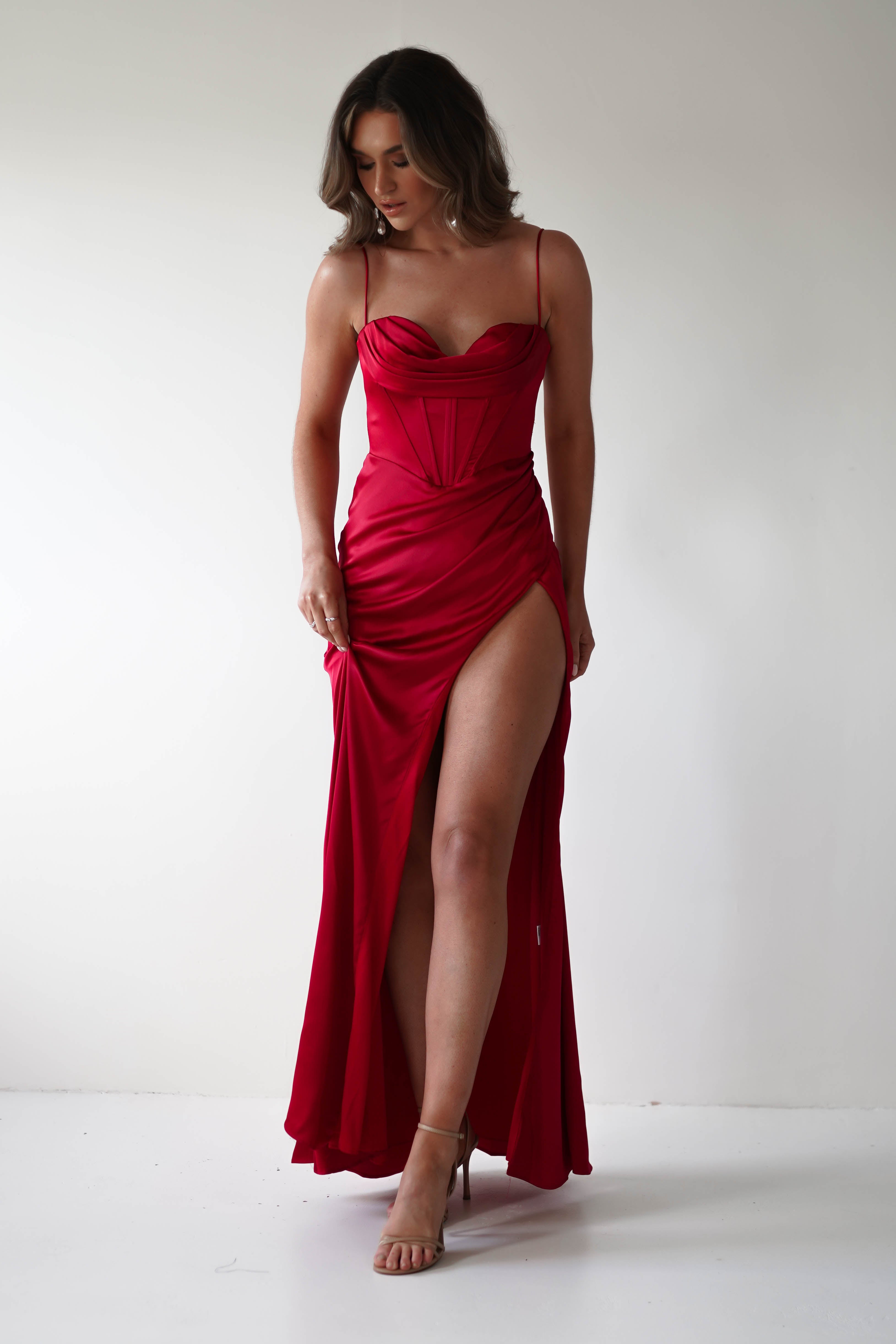 Julianne Corset Satin Gown - Elegant Red Evening Dress for Women | Perfect for Prom, Wedding, and Formal Events