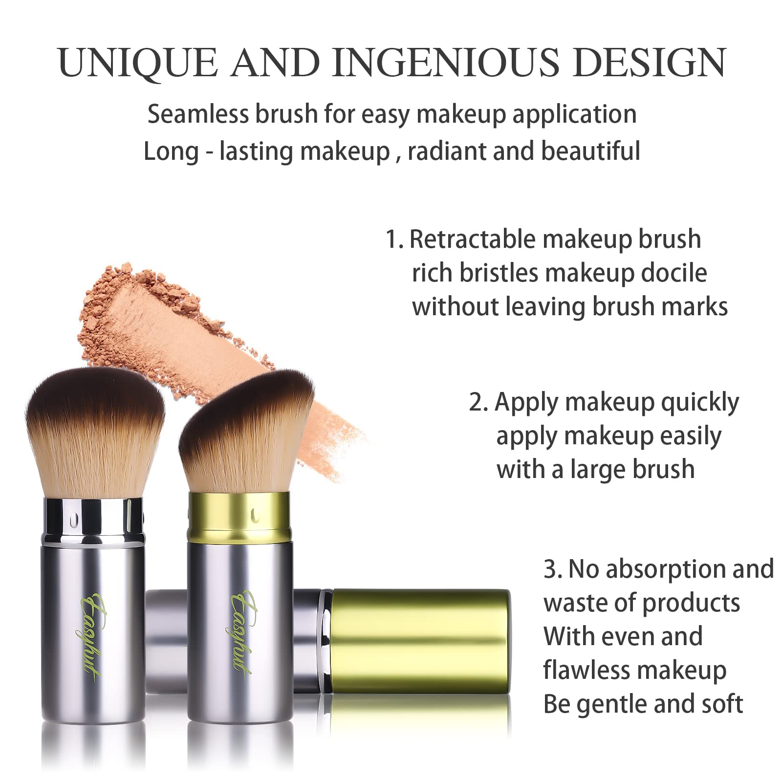 Retractable Kabuki Makeup Brush Set - 2 Pcs Flat & Angled Top Blush & Powder Brushes for Liquid, Cream & Cosmetics - Travel Friendly Makeup Tools (Silver Green) - Perfect for On-the-Go Touch Ups & Professional Makeup Application
