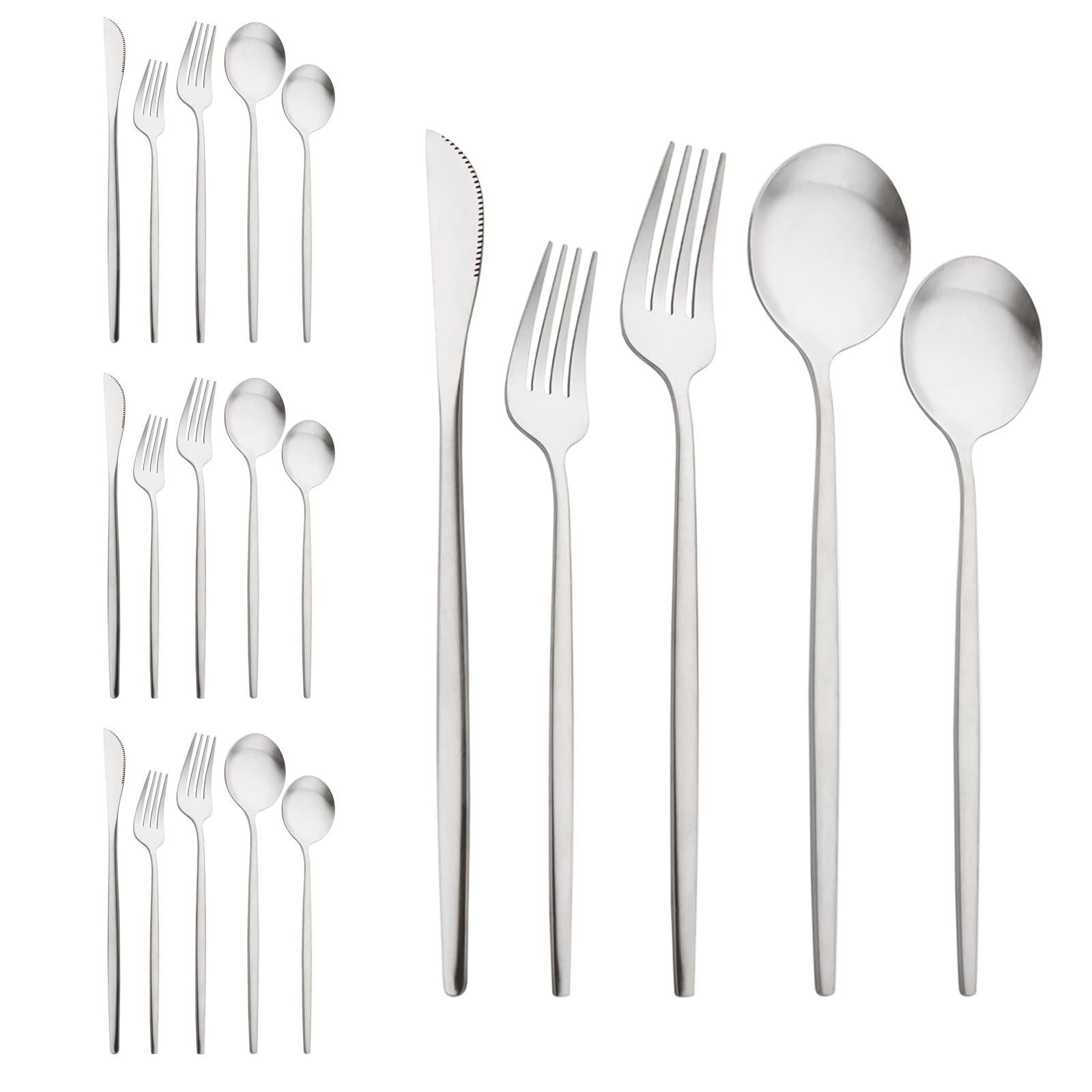 20-Piece Matte Silver Stainless Steel Flatware Set - Knife, Fork, Spoon & Salad Fork - Service for 4 - Durable Kitchen & Dining Utensils for Everyday Use, Dinner Parties, and Restaurant-Style Meals at Home