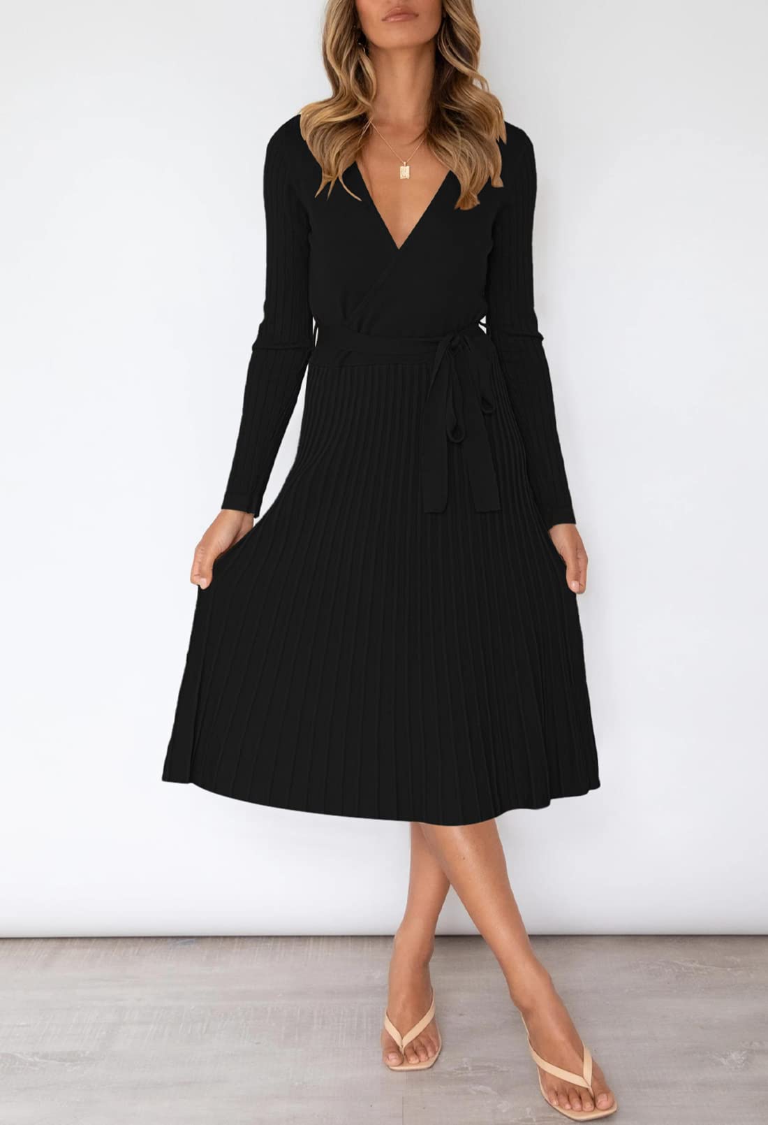 Pink Queen Women's Wrap Sweater Dress - V Neck Long Sleeve Ribbed Knit Midi Dress with Belt | Casual Office Wear & Fall Winter Fashion
