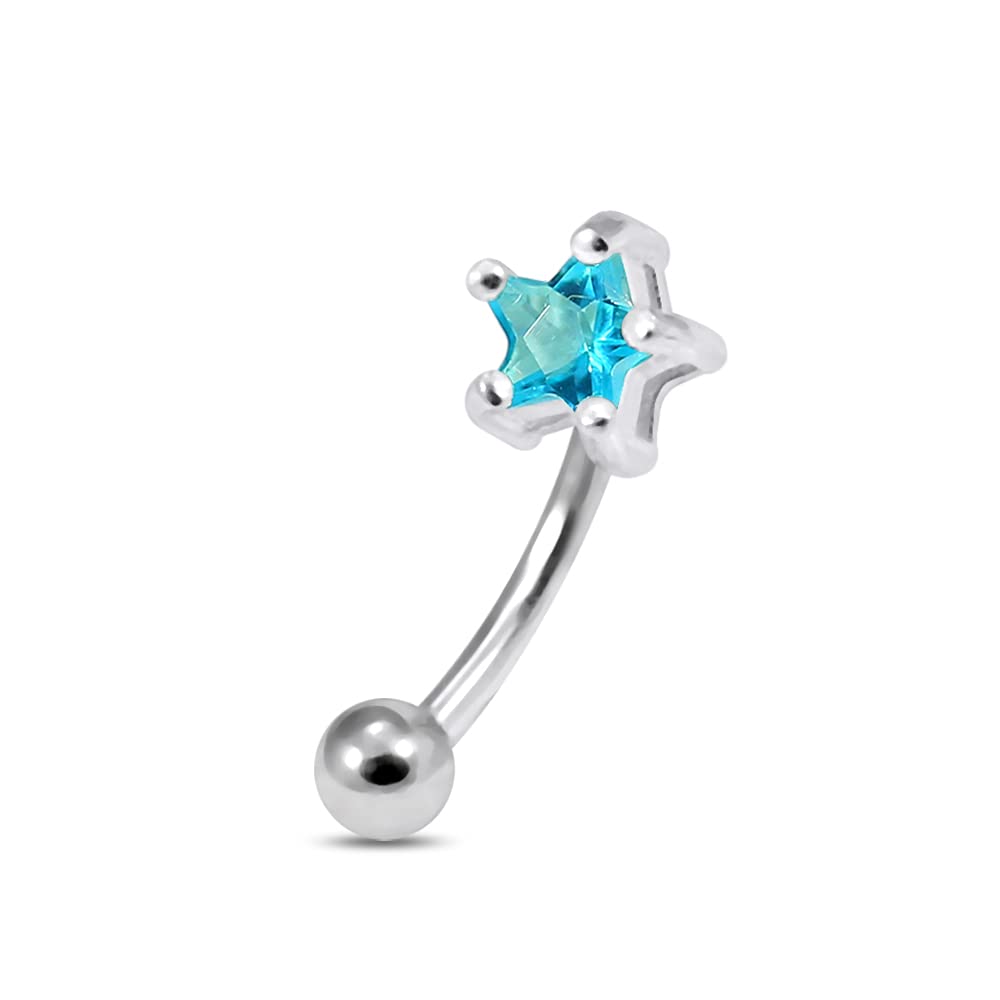 AZARIO LONDON Light Blue Star CZ Stone Sterling Silver 16G Surgical Steel Banana Eyebrow Bar Piercing - Perfect for Eyebrow Piercing Jewelry, Body Modification & Alternative Fashion