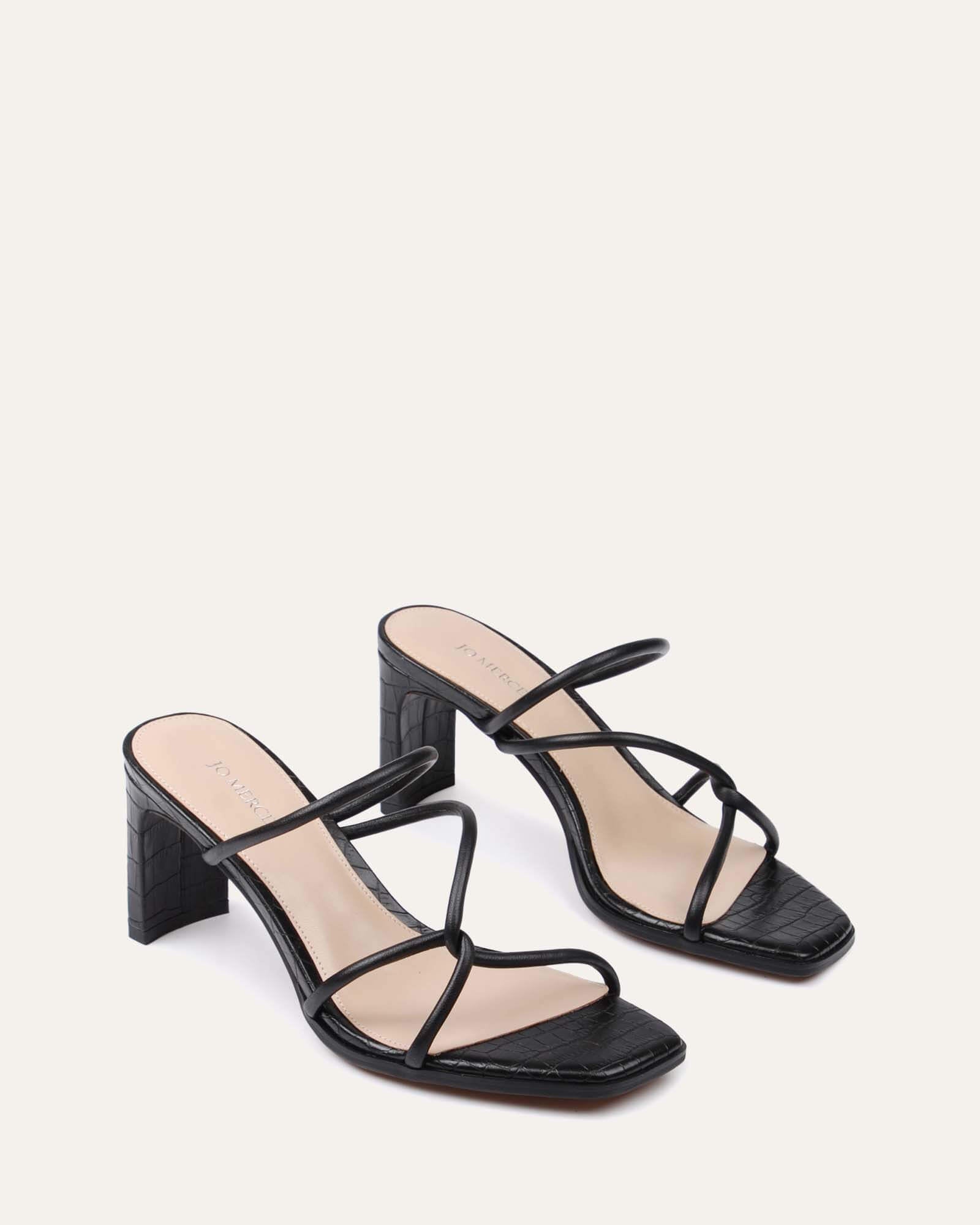 NOVI Women's Black Leather Mid Heel Sandals - Comfortable Dressy Summer Shoes for Weddings, Parties & Office Wear