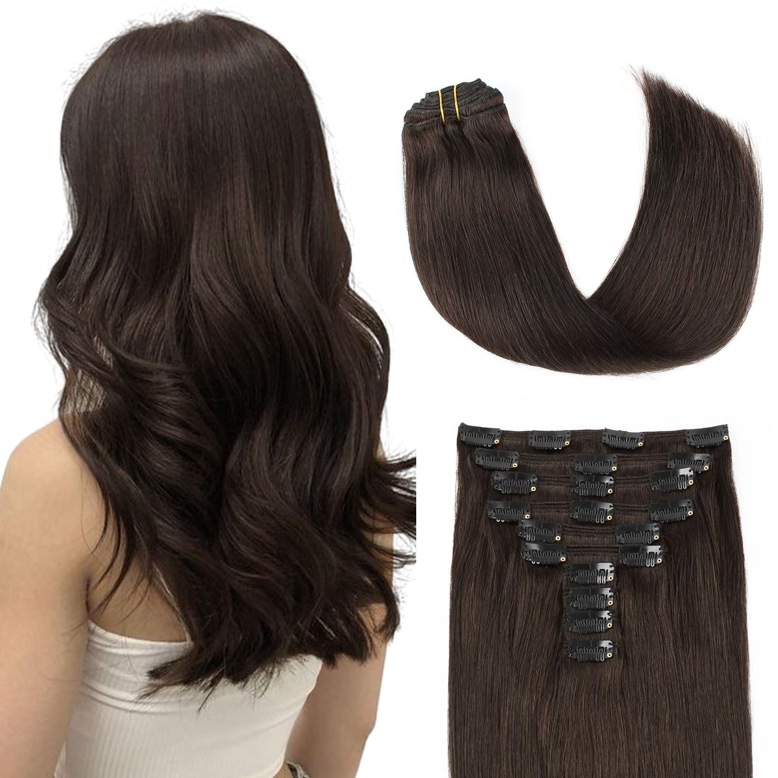 22 Inch Double Weft Clip-In Human Hair Extensions - 10 Pieces Dark Brown Remy Soft Straight Hair with 21 Clips for Women - Perfect for Volume, Length & Styling for Parties, Weddings & Daily Wear