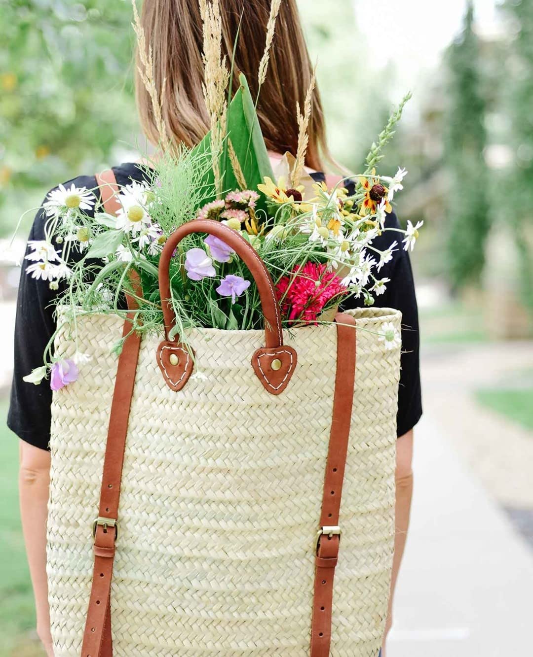French Straw Basket Bag with Leather Strap - Bohemian Beach Backpack for Women, Summer Tote Bag for Picnic, Travel, Shopping & Outdoor Activities