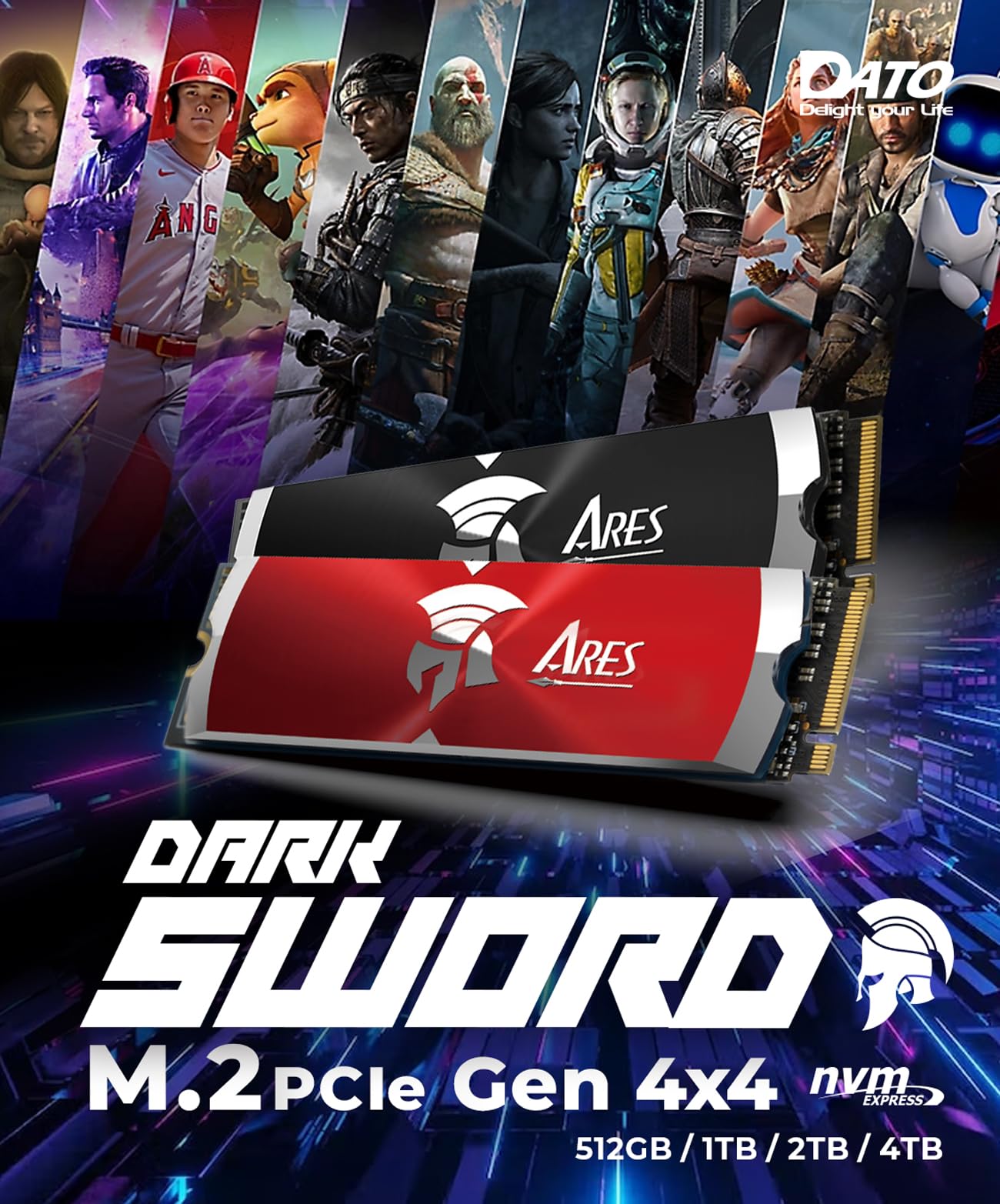 High-Speed DATO ARES Dark Sword 2TB NVMe PCIe Gen4 M.2 SSD with Heatsink - 7200MB/s Read, 6850MB/s Write - Compatible with PS5 & PC Gaming, Video Editing, Workstation - Internal Solid State Drive (2280) for Ultimate Performance