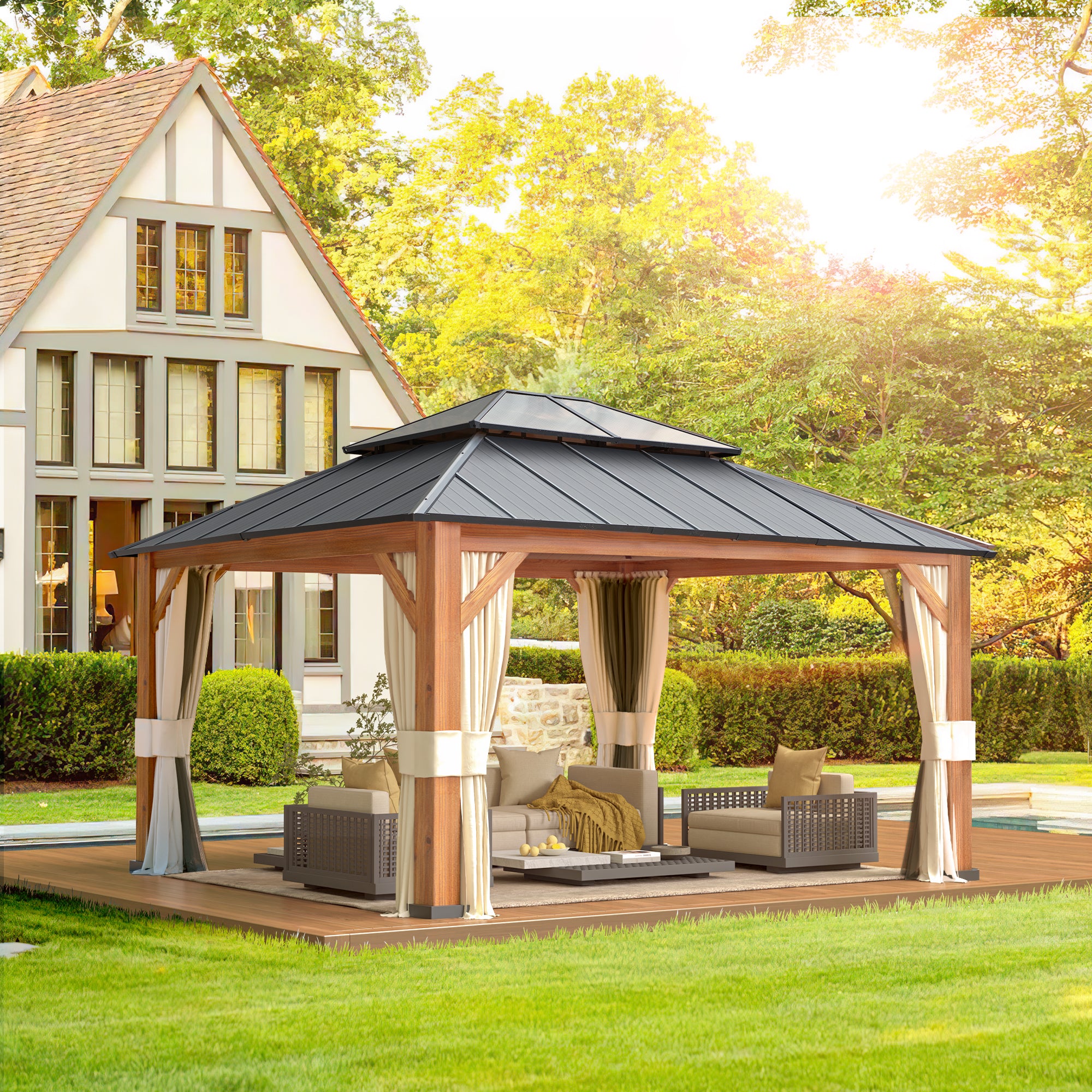 EROMMY 12X14 Gazebo with Double Galvanized Steel Roof - Outdoor Patio Canopy for Backyard, Garden, and Poolside Relaxation