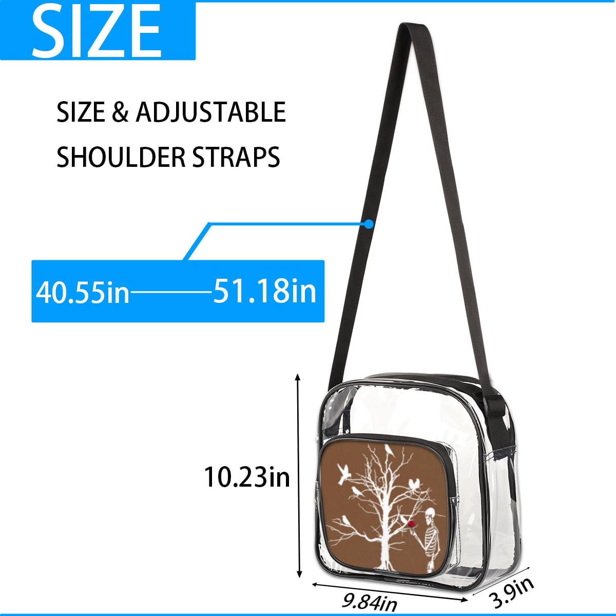 QsirBC Clear Crossbody Bag - Skull Day of The Dead Pattern PVC Purse, Transparent Messenger Shoulder Bag for Concerts, Sports Events, Work & Travel (Stadium Approved, 9.84 x 3.9 Inches) - Perfect for Music Festivals, Theme Parties and Halloween Costume Accessories