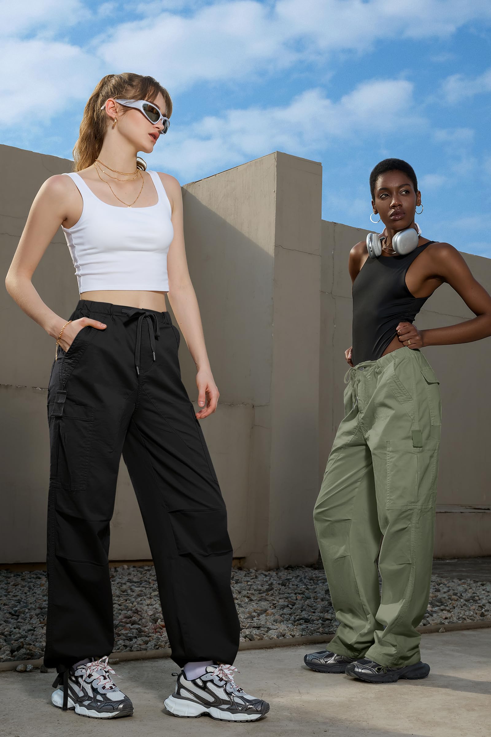 IVIR Women's Cargo Pants - High Waisted Baggy Parachute Pants with 6 Pockets | Y2K Streetwear Joggers for Casual Wear, Hiking & Urban Fashion