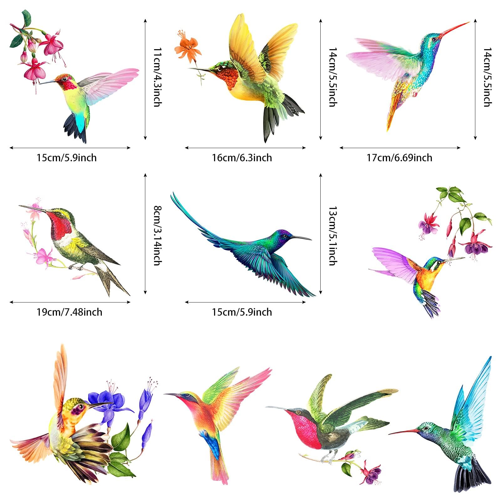 20 Pieces Large Hummingbird Window Decals - Anti-Collision Non-Adhesive Vinyl Clings to Prevent Bird Strikes - Perfect for Home, Office & Garden Windows (Colorful Hummingbird Stickers)