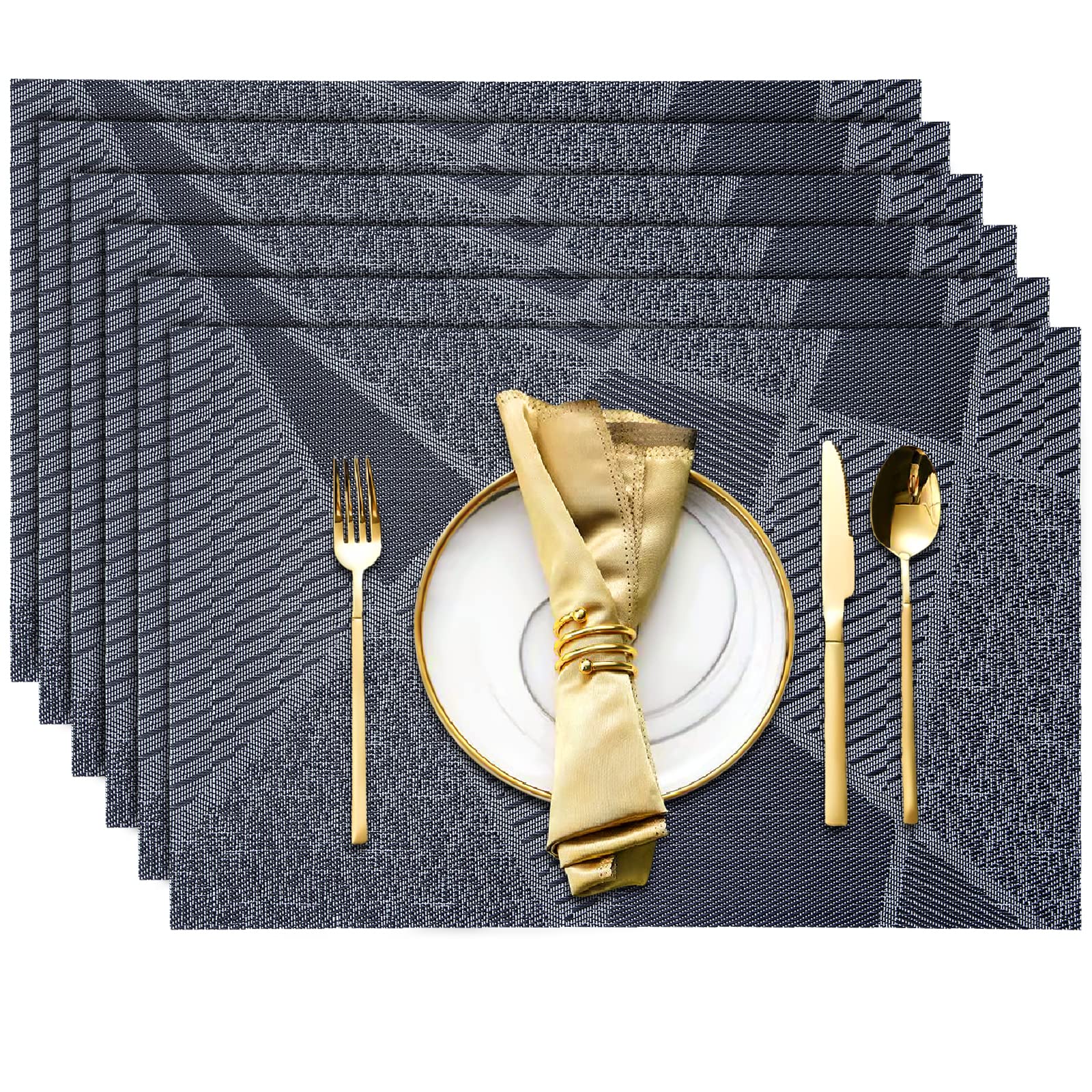 6-Pack Heat-Resistant Woven Vinyl Placemats - Non-Slip, Stain-Resistant & Washable PVC Table Mats for Kitchen & Dining - Easy to Clean (Black & Gray) - Perfect for Everyday Meals, Dinner Parties & Holiday Gatherings