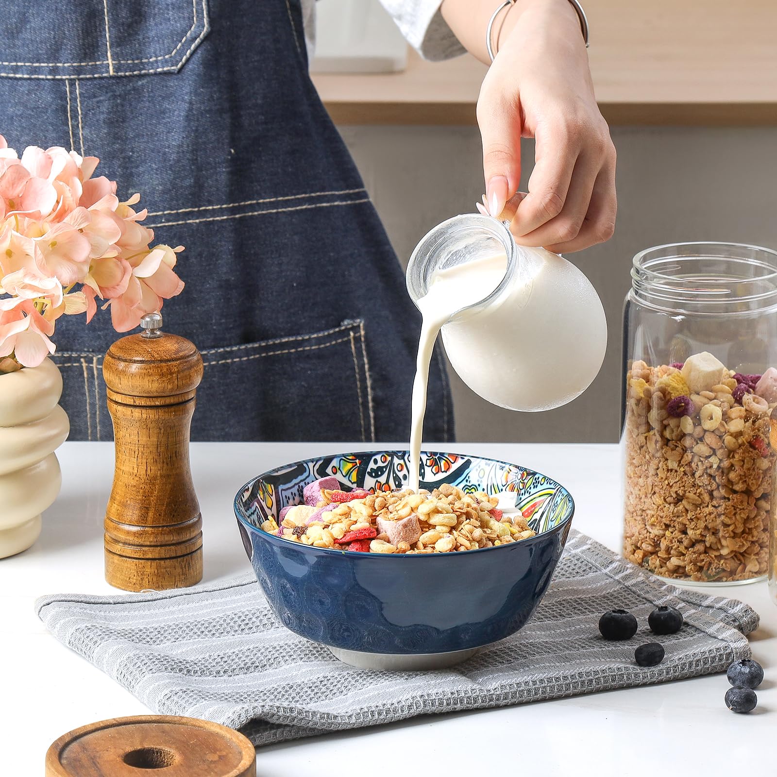 KitchenTour 6-Piece Ceramic Cereal Bowls Set - 26oz Microwave & Dishwasher Safe Soup Bowls for Oatmeal, Salad, Pasta, Dessert - Colorful 6.4 Inch Serving Bowls for Dining, Kitchen, Restaurant & Party Use