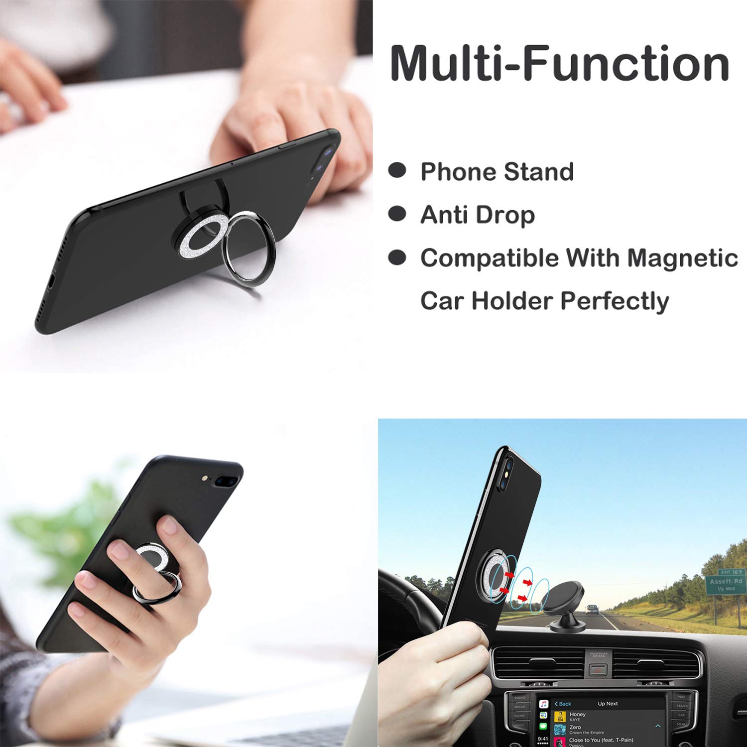 Glitter Black Adhesive Phone Ring Holder Stand & Grip for iPhone, Samsung, Pixel - Secure Phone Mount for Desk, Car & Travel Use