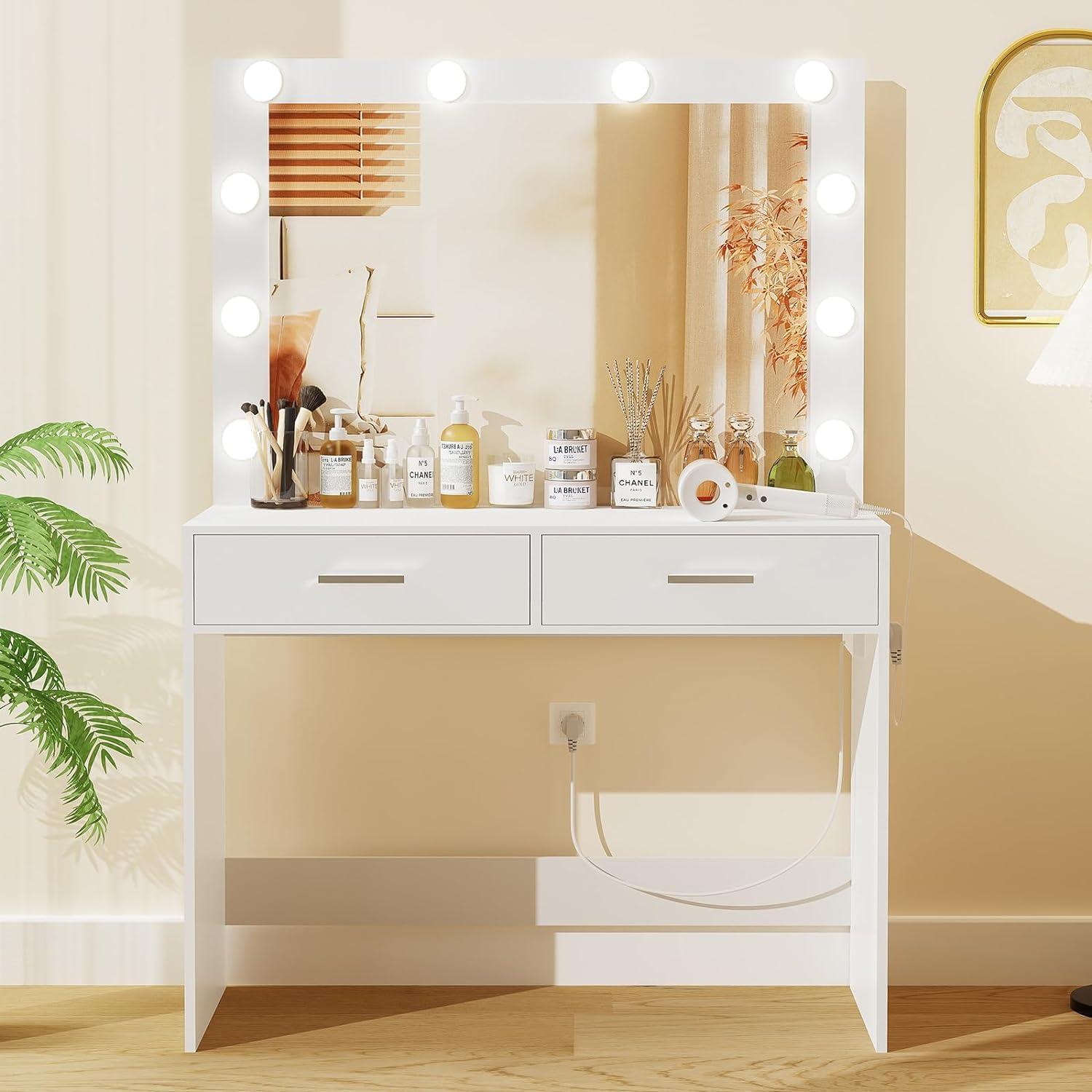 USIKEY White Makeup Vanity Desk with Large LED Lighted Mirror - 10 Lights, 2 Storage Drawers & Built-in Power Strip - Dressing Table for Women & Girls - Perfect for Bedroom, Home Decor & Beauty Routine