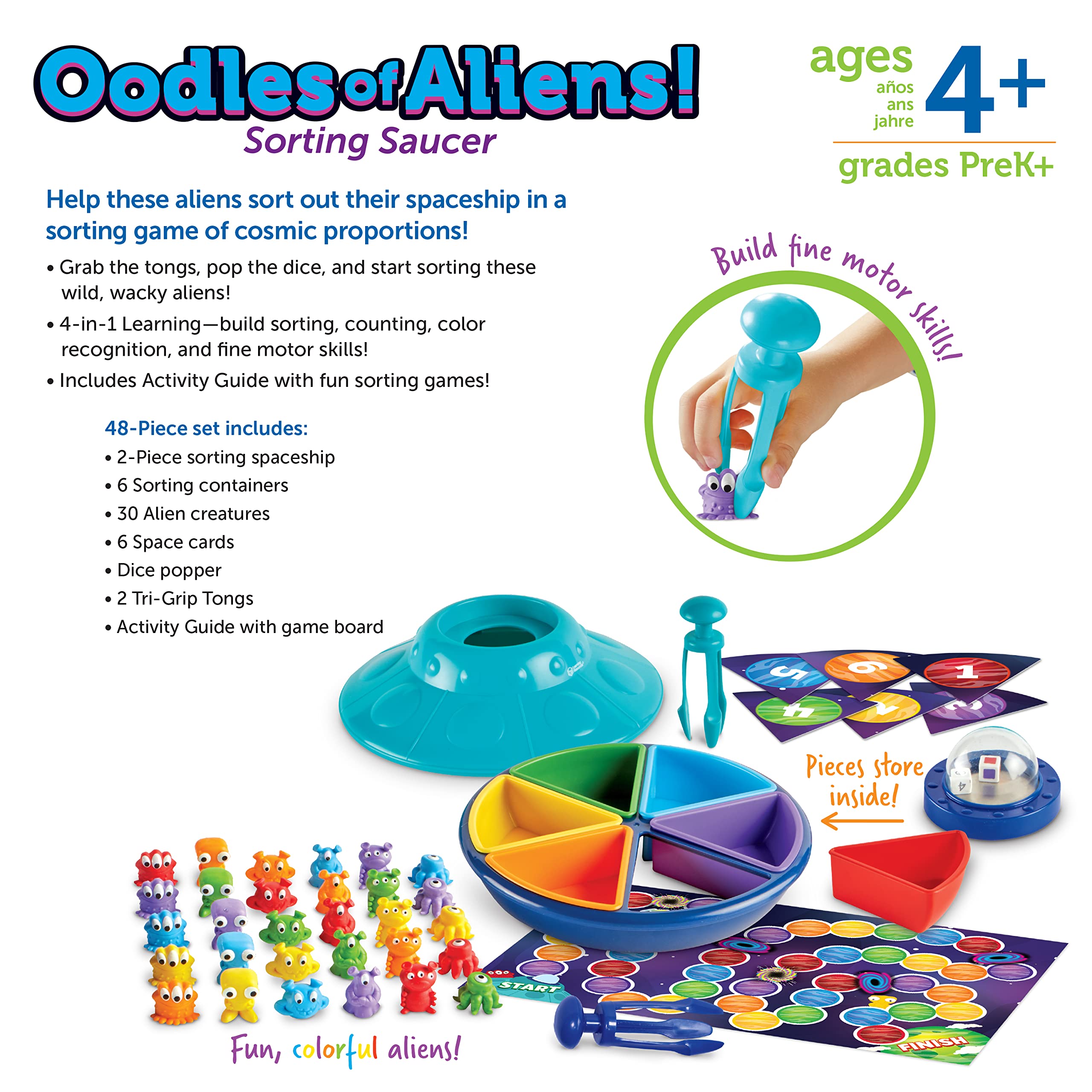Learning Resources Oodles of Aliens Sorting Saucer - Fine Motor Skills, Counting & Sorting STEM Toys for Preschoolers - Educational Math Games with 48 Pieces - Ideal for Classroom & Homeschool Activities (Ages 4+)