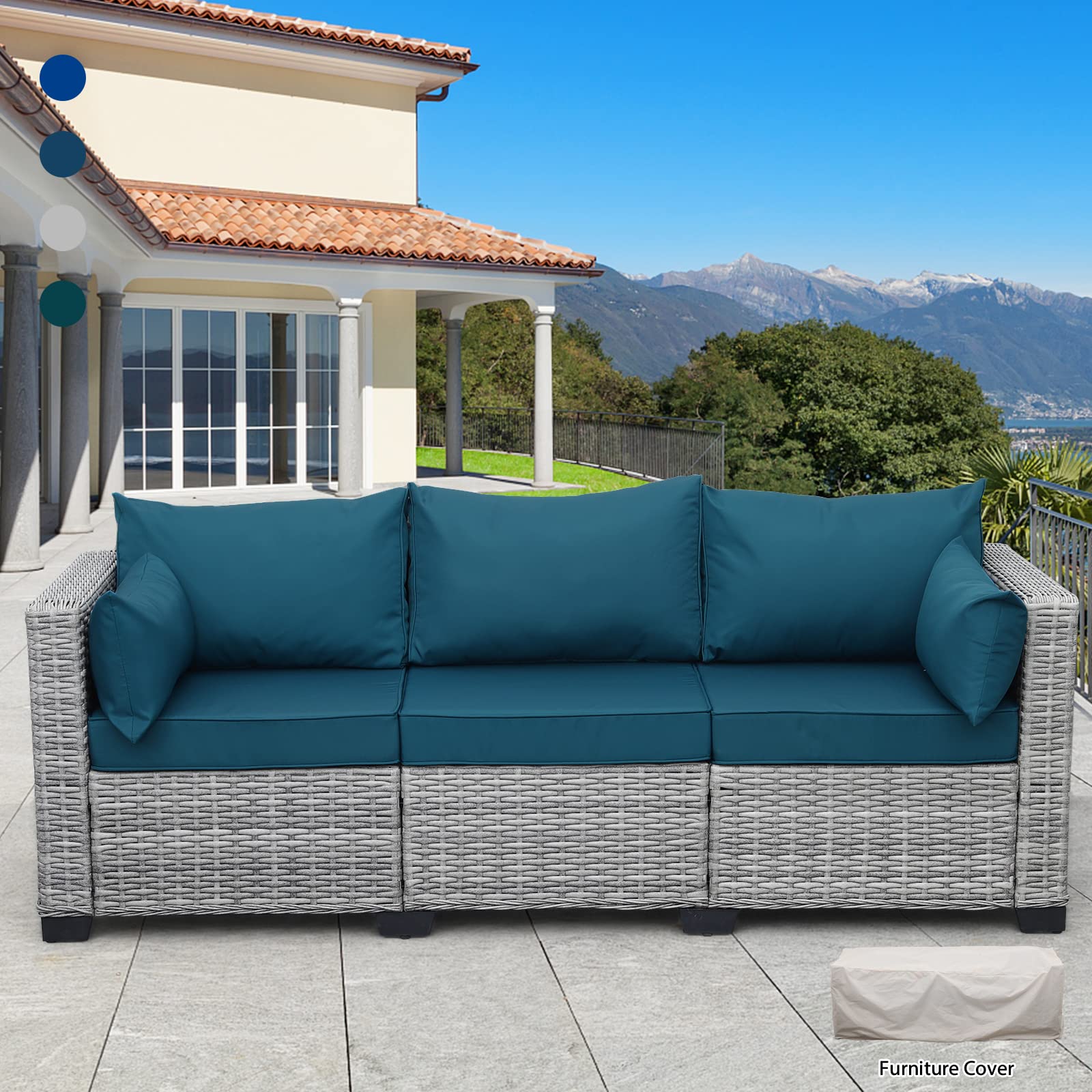 Rattaner 3-Piece Grey Wicker Patio Furniture Set - Waterproof Outdoor Couch with Deep Seat & High Backrest, Anti-Slip Cushions (Peacock Blue) - Perfect for Poolside, Garden, Deck, and Backyard Relaxation