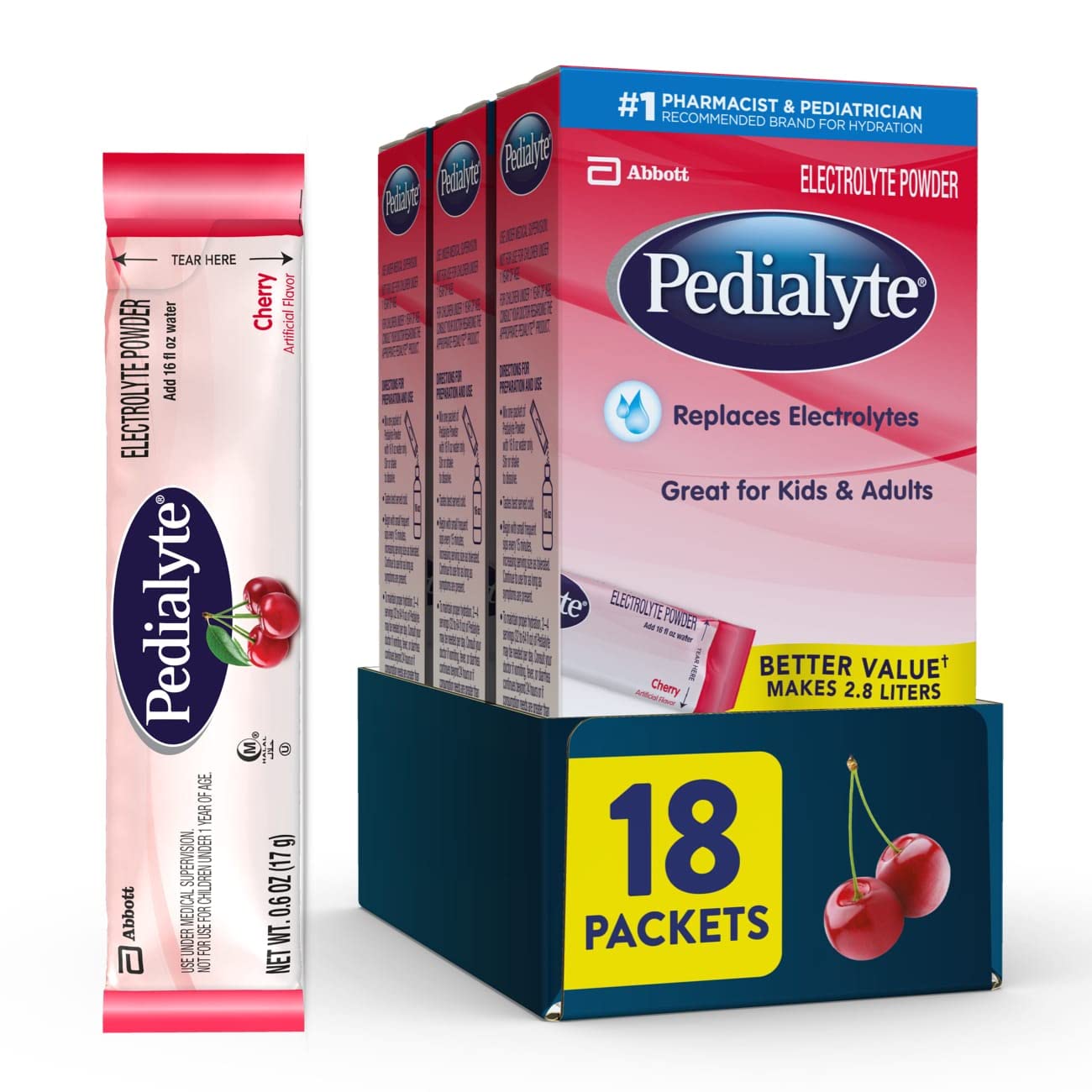 Pedialyte Electrolyte Powder Packets - Cherry Flavor Hydration Drink Mix (18 Single-Serve Packets) | Rapid Rehydration for Kids & Adults | Perfect for Sports, Travel & Recovery