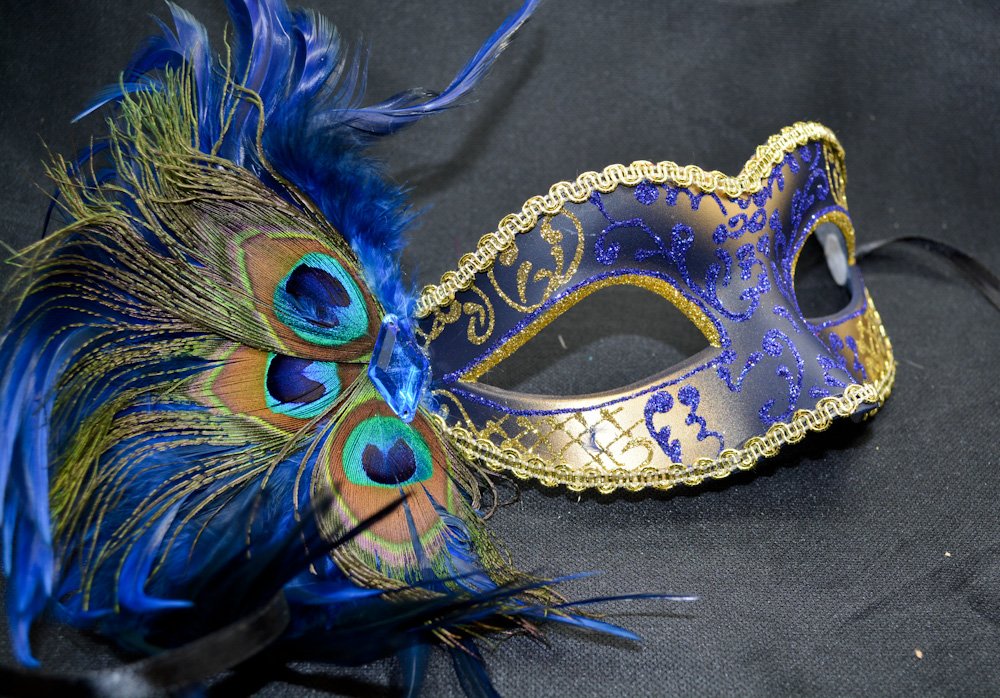 Elegant Blue & Gold Peacock Masquerade Mask for Women - Feather Party Mask for Halloween, Mardi Gras, Costume Balls & Themed Events