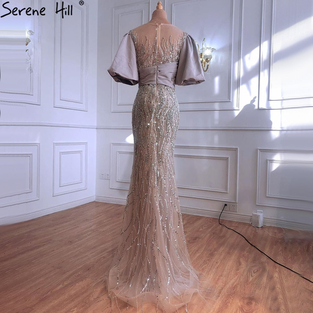 Serene Hill Silver Nude Luxury Mermaid Beading Evening Dress Gown with Puffy Sleeves - Elegant Women's Party Dress LA70809 for Prom, Wedding & Formal Events