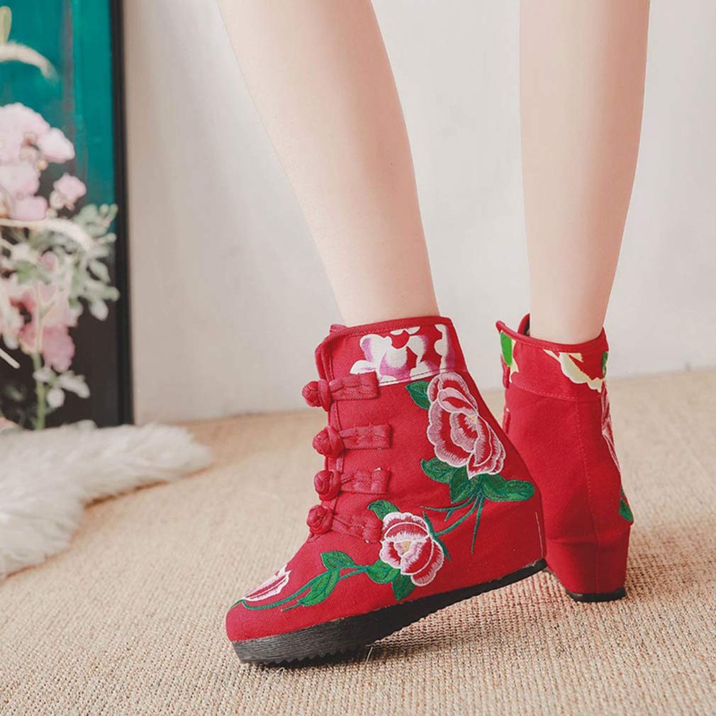 GIY Women's Embroidered Floral Wedge Ankle Boots - Retro Round Toe Buckle Booties with Mid Heel for Casual Outfits, Date Nights & Office Wear