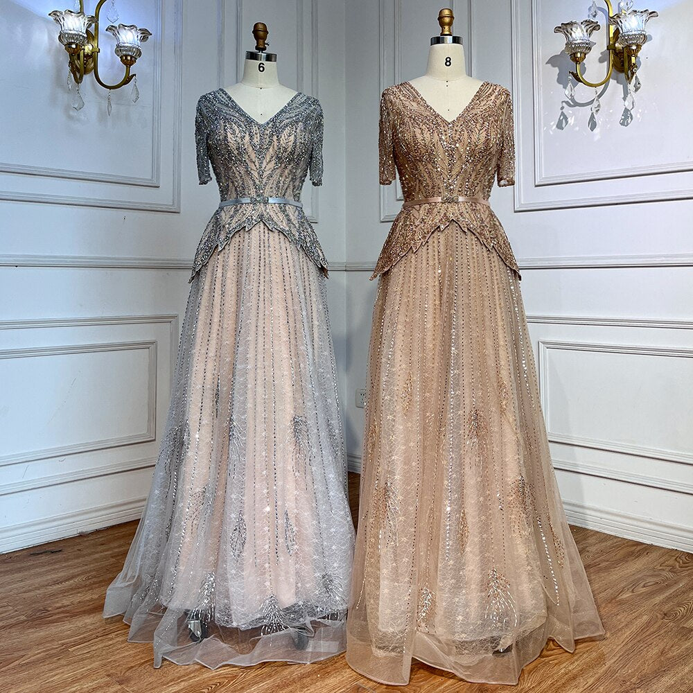 Elegant Silver Nude V-Neck Short Sleeve A-Line Evening Dress with Beading - 2025 Mother of the Bride Gown LA72058 | Luxury Party Dress for Weddings, Galas & Formal Events