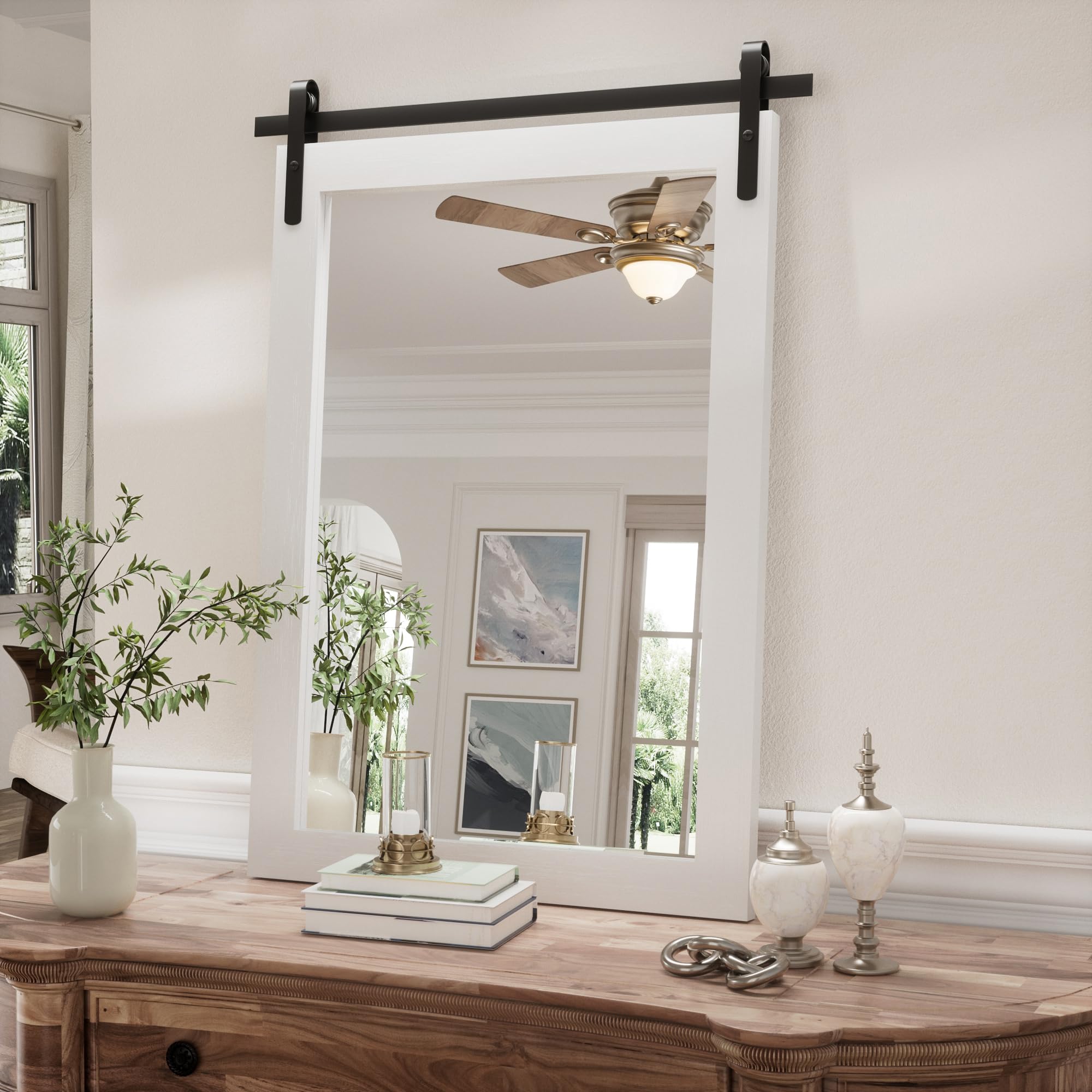 Farmhouse Bathroom Mirror - 18x26 Inch White Rustic Square Wall Mirror with Wood Frame for Vanity, Living Room, Bedroom & Entryway Decor (Hanging/Leaning) - Perfect for Farmhouse, Vintage & Barn Door Style Home Decor