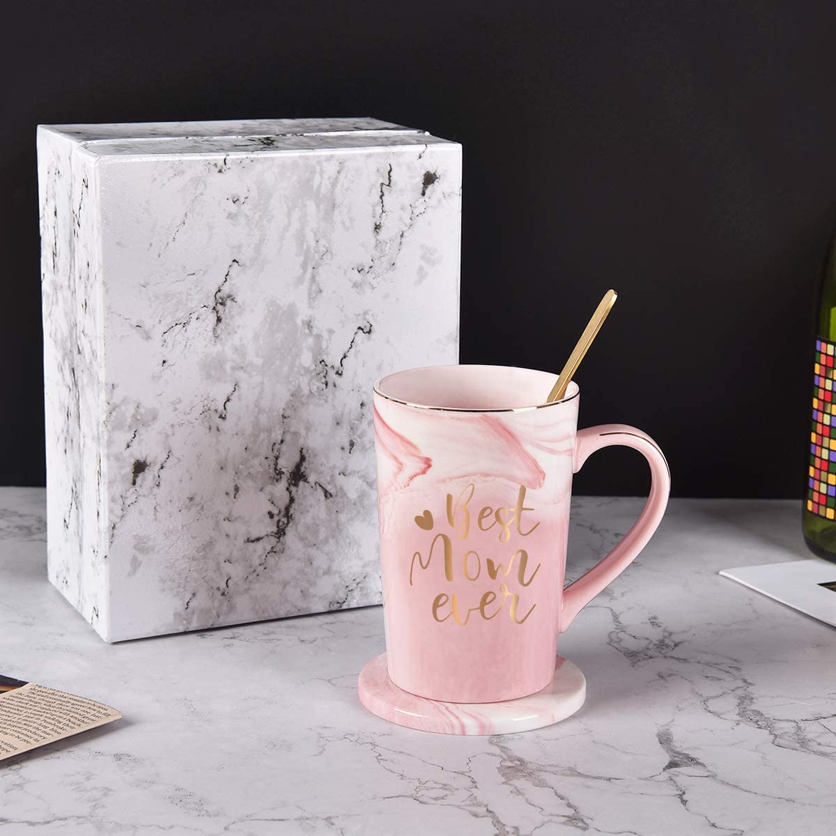 Monarch Gift Co 16oz Marble Ceramic Mug - Best Mom Ever Birthday Gift for Women, Wife, Daughter, Sister, Aunt | Funny & Thoughtful Present for Her | Perfect for Coffee, Tea & Hot Chocolate at Home or Office