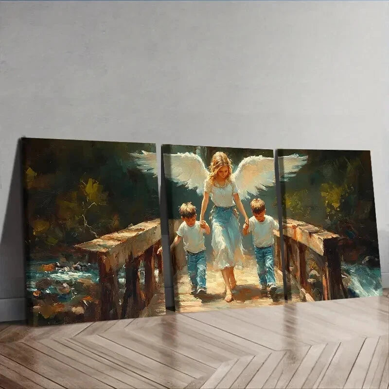 3-Piece Angel and Youngsters on Bridge Wall Art Set - Framed Canvas 50x70cm (19.7x27.6in) - High Quality Print - 100% Australian Made - Ready to Hang - Perfect for Living Room, Bedroom, or Office Decor