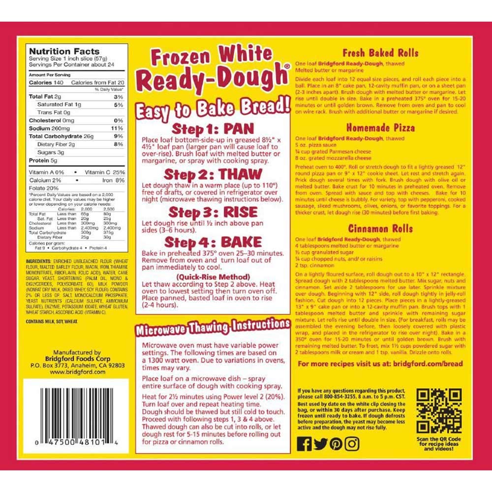 Bridgford Ready-Dough Tray Pack White Bread Dough - 16 Ounce Loaf (3 Pack, 12 Per Case) - Perfect for Sandwiches, French Toast & Quick Baking at Home